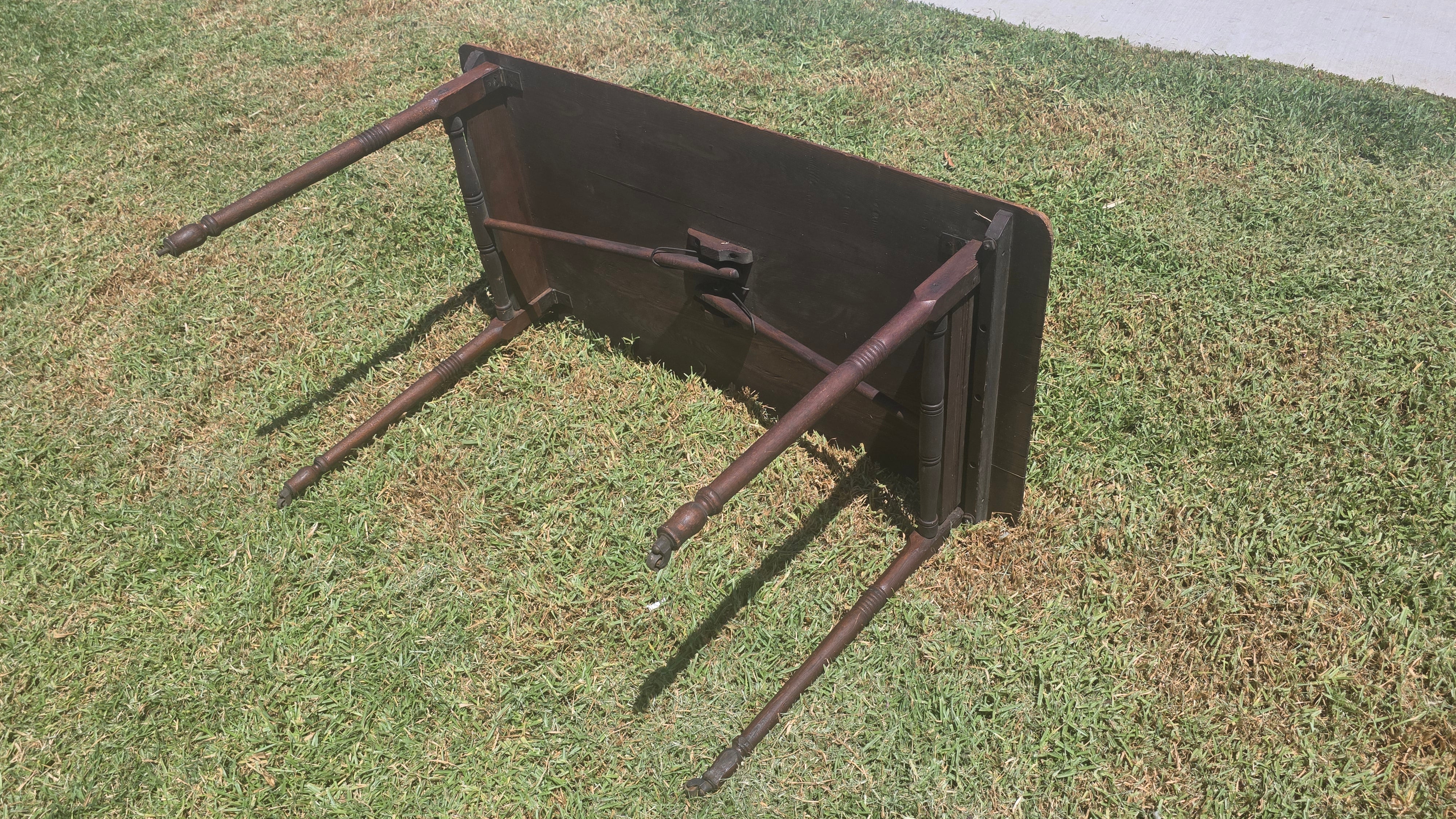 Antique 1800s Primitive Wood Folding Table Turned Legs Brown Farmhouse AS-IS