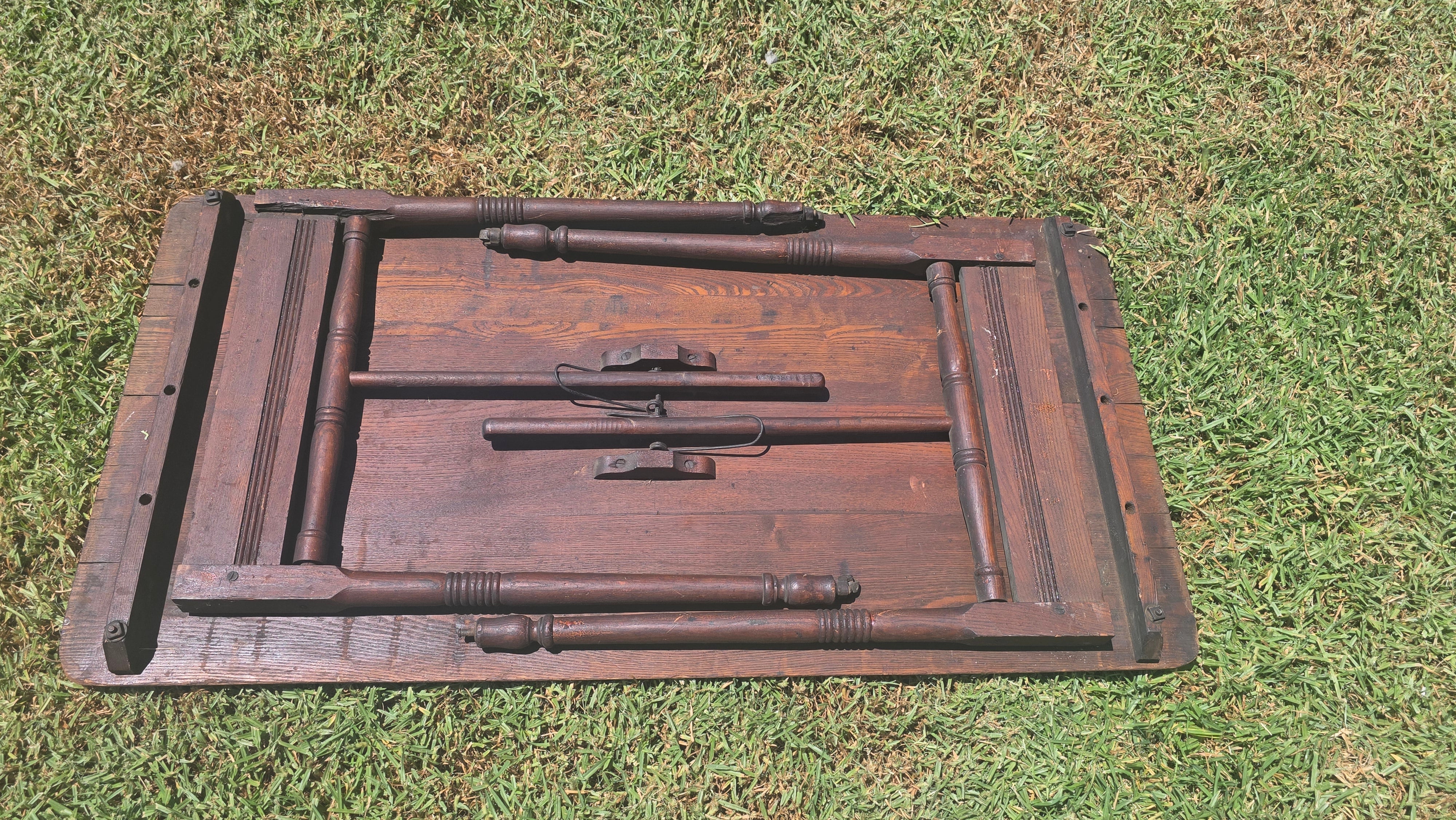 Antique 1800s Primitive Wood Folding Table Turned Legs Brown Farmhouse AS-IS