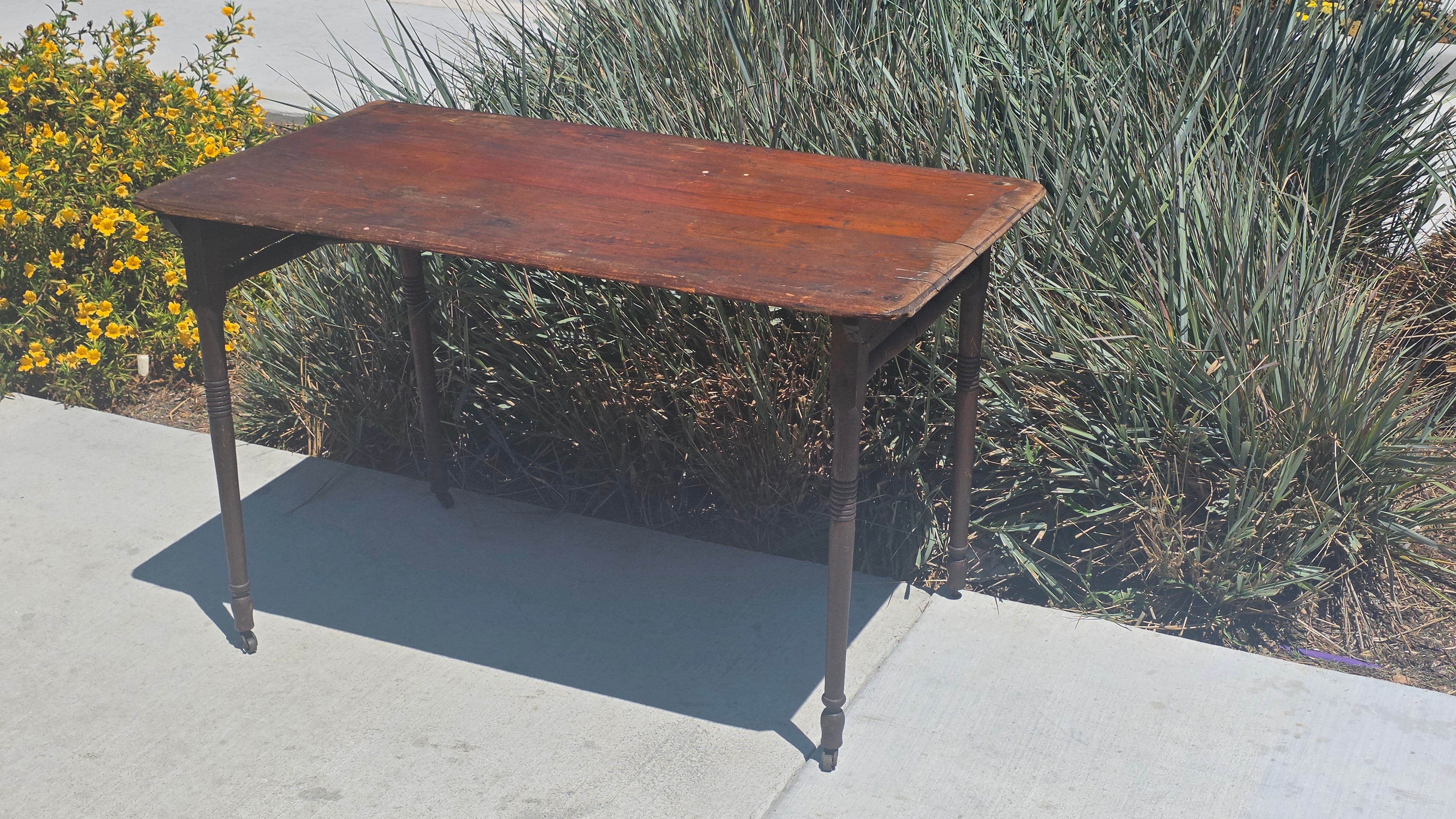 Antique 1800s Primitive Wood Folding Table Turned Legs Brown Farmhouse AS-IS