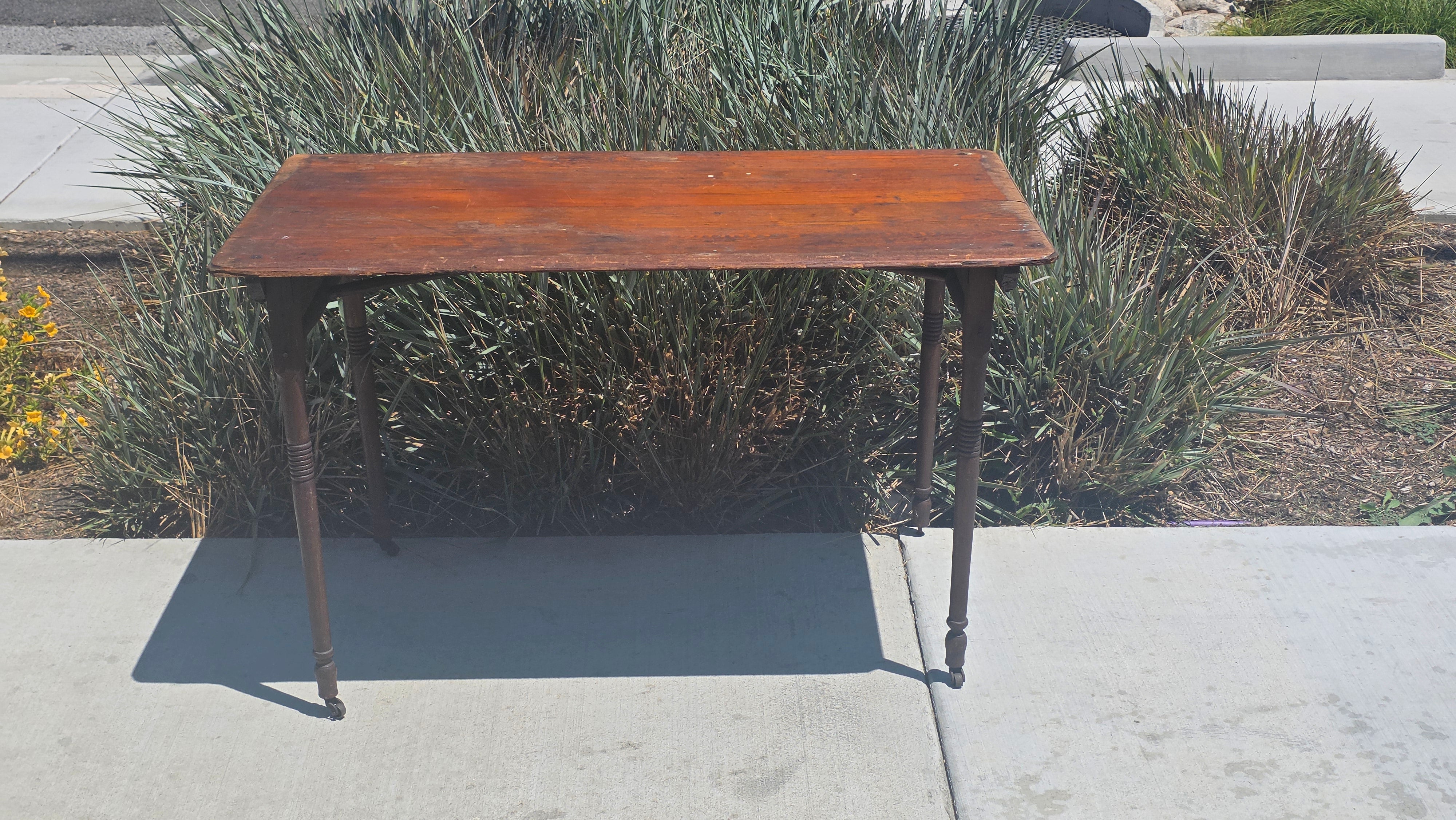 Antique 1800s Primitive Wood Folding Table Turned Legs Brown Farmhouse AS-IS