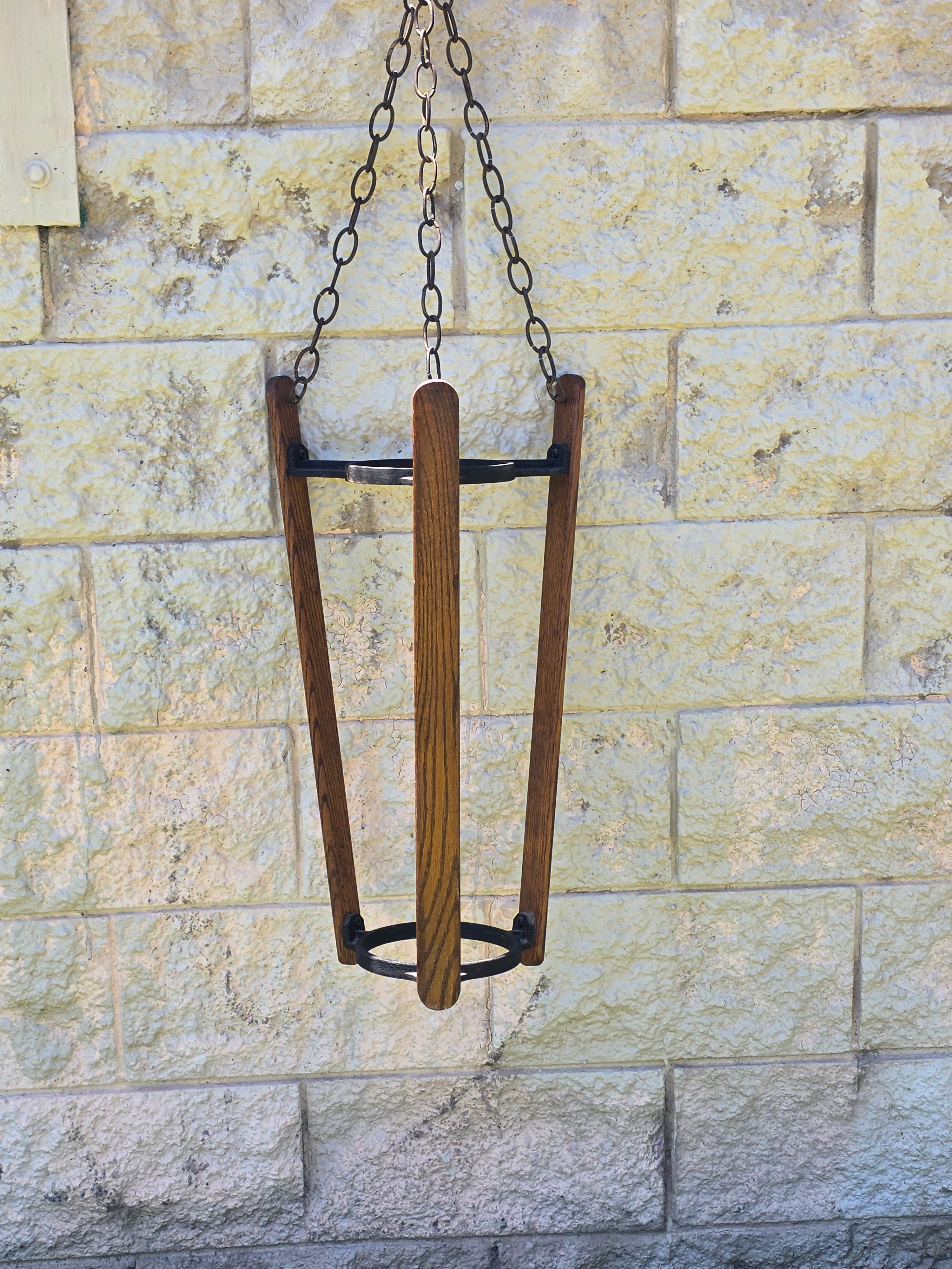 Vintage Mid Century Spanish Gothic Wood Hanging Planter Stand Cast Aluminum