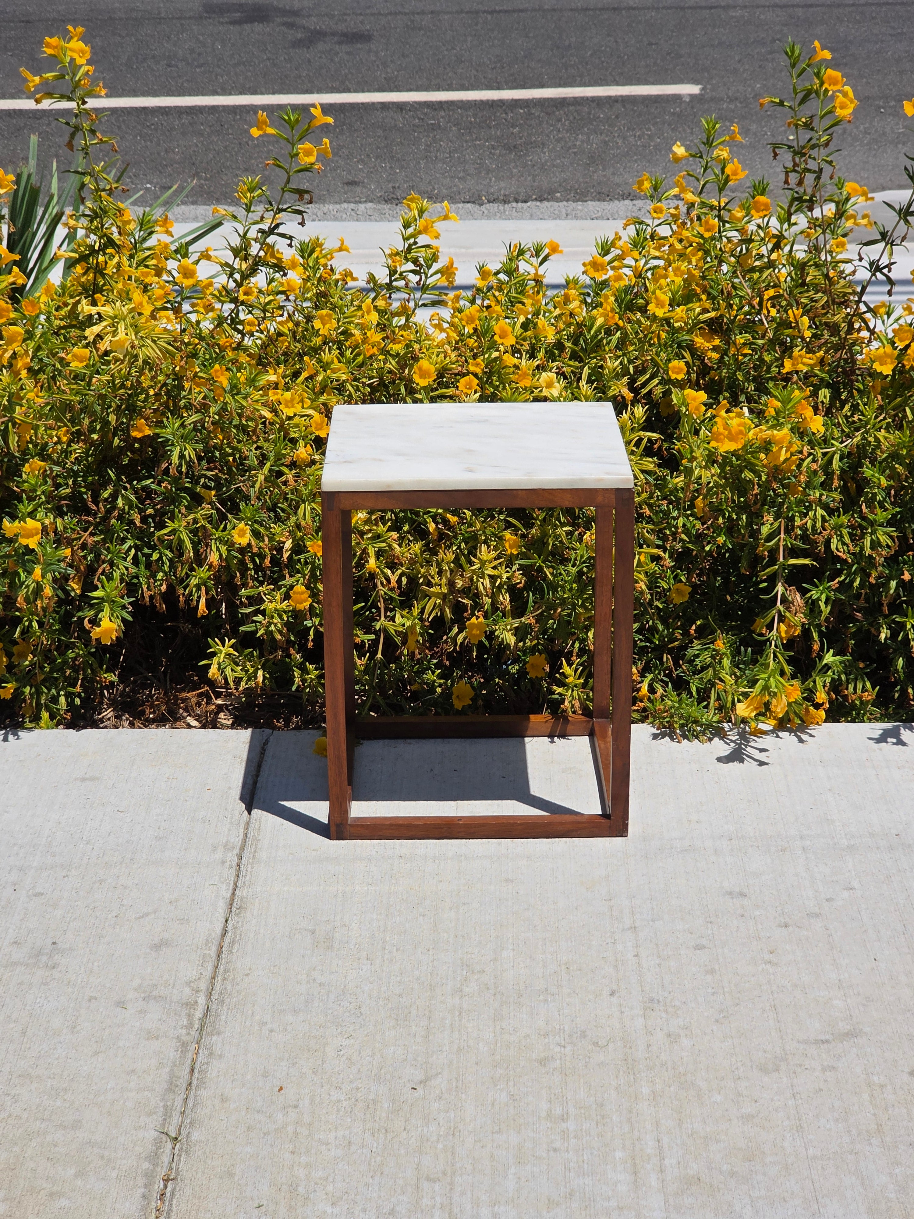 Vintage Mid Century Modern Marble Wood Cube End Table Square Side Table 12 x 12