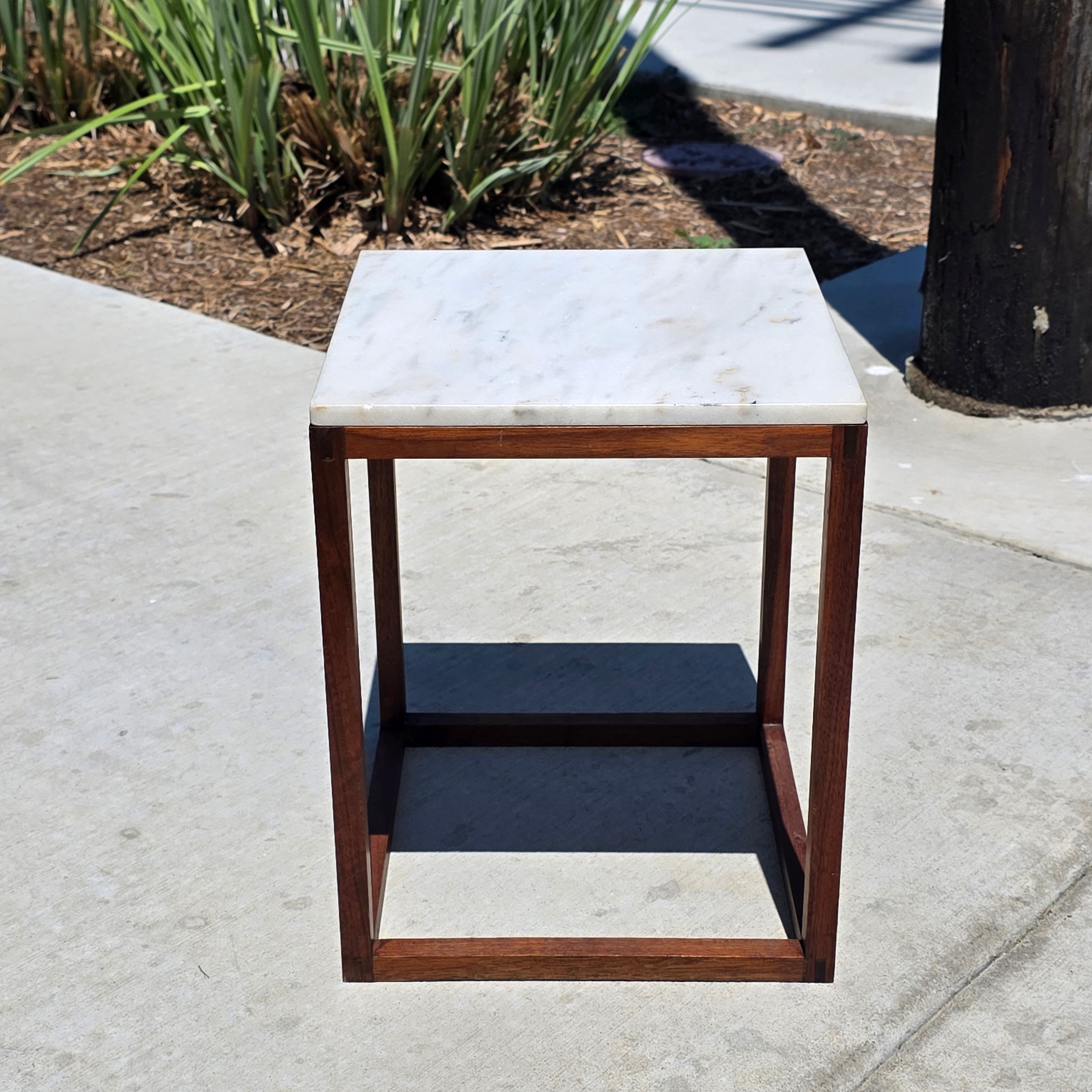 Vintage Mid Century Modern Marble Wood Cube End Table Square Side Table 12 x 12