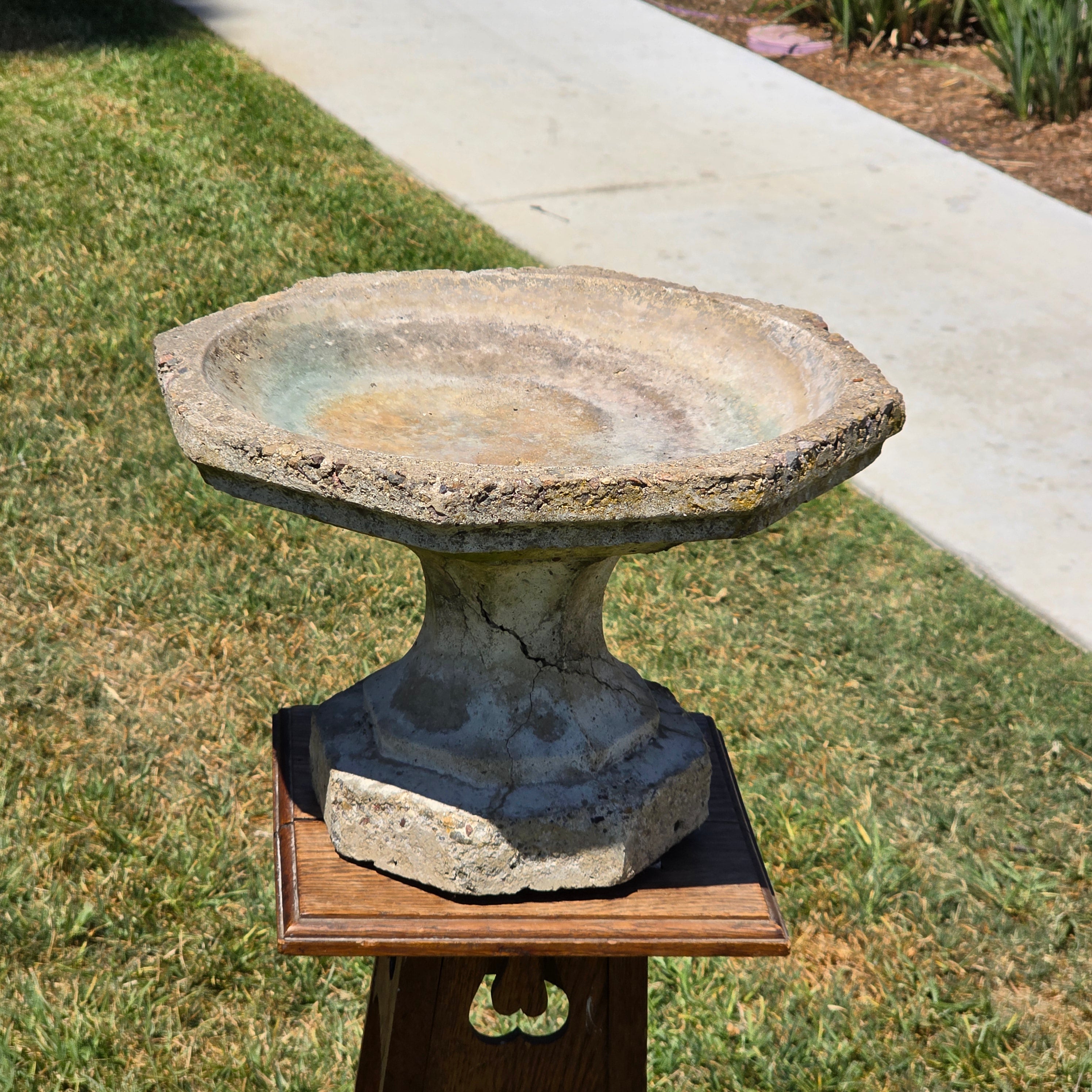 Vintage Concrete Bird Bath Octagonal Small Low Profile Pedestal Garden Fountain