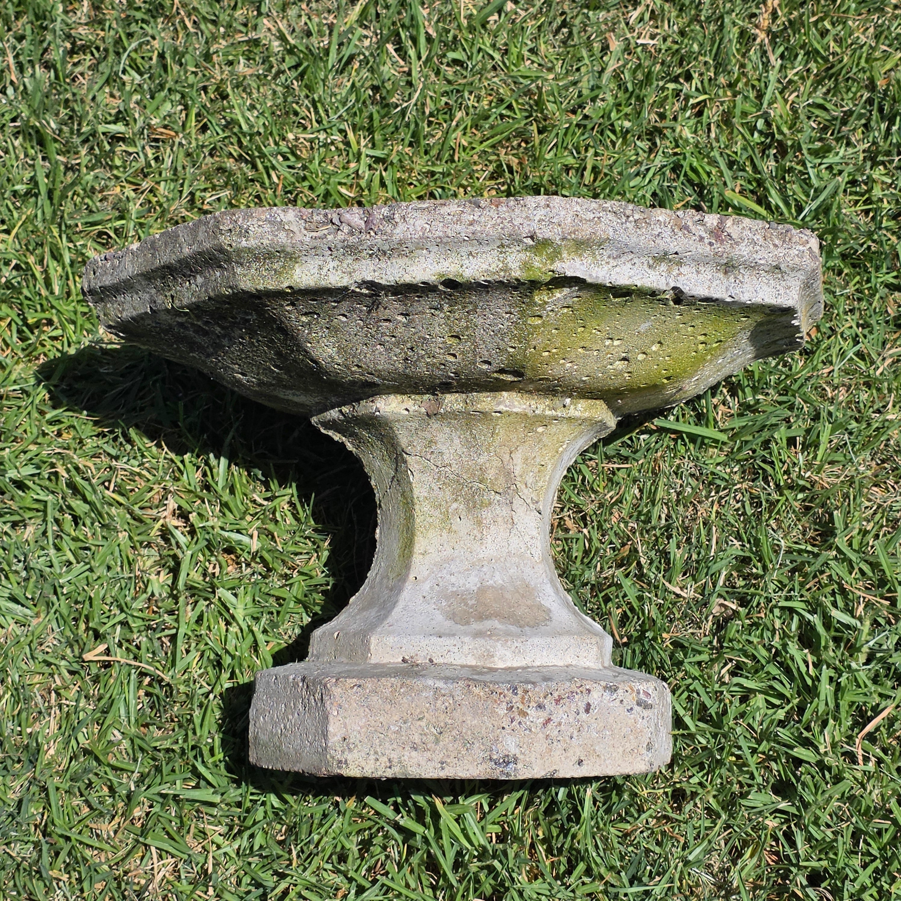 Vintage Concrete Bird Bath Octagonal Small Low Profile Pedestal Garden Fountain
