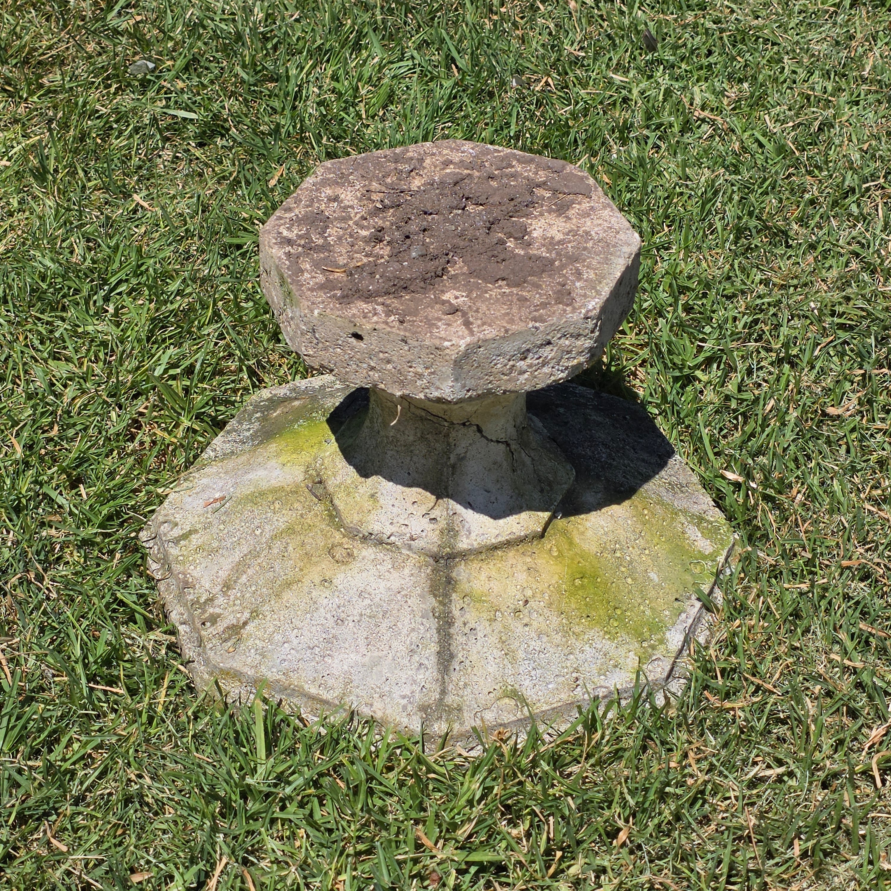 Vintage Concrete Bird Bath Octagonal Small Low Profile Pedestal Garden Fountain
