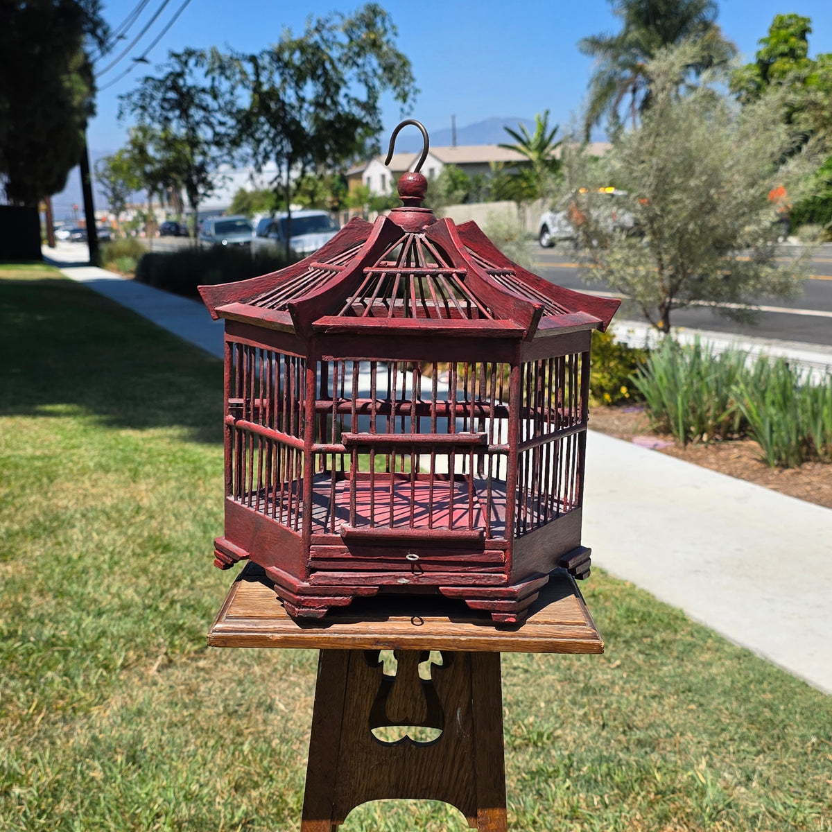 Vintage Chinese Bird Cage Pagoda Hexagonal Red Wood Bamboo Hanging Asian Decor