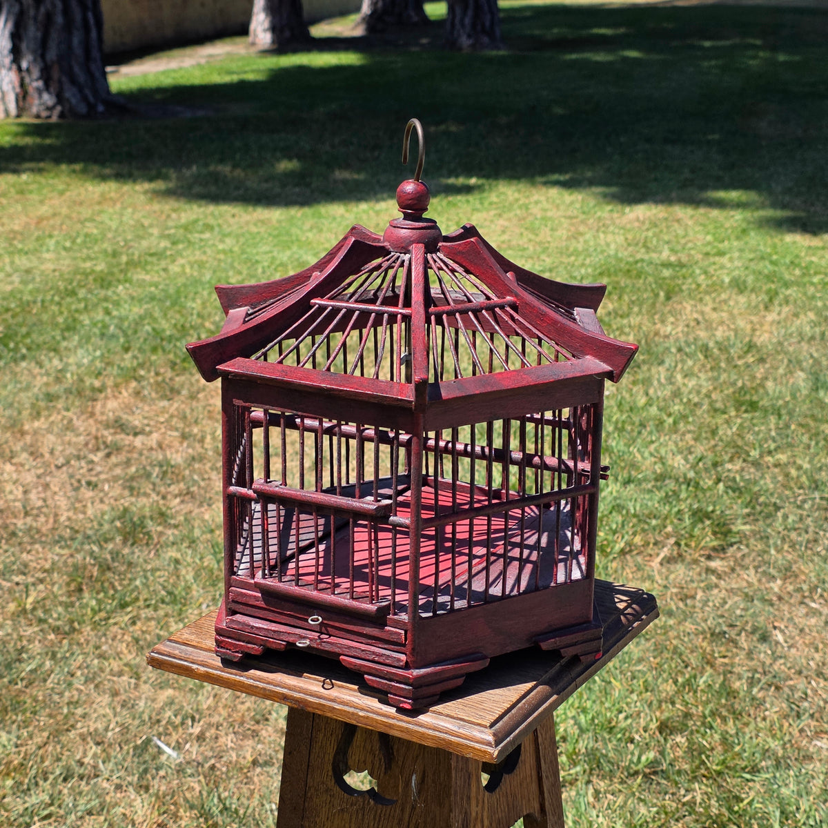 Vintage Chinese Bird Cage Pagoda Hexagonal Red Wood Bamboo Hanging Asian Decor