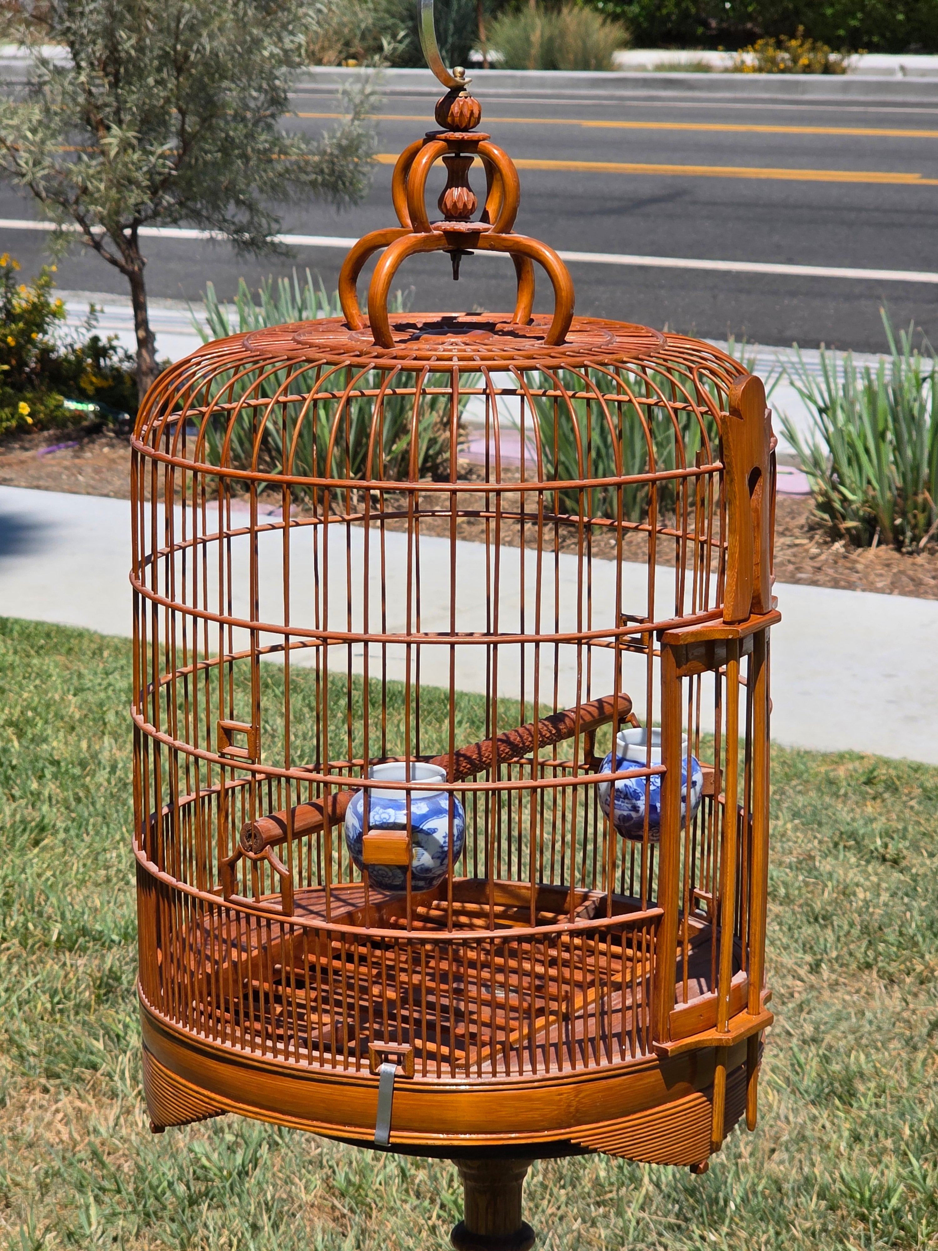 Vintage Chinese Bamboo Bird Cage Round Large Carved Asian Chinoiserie Style