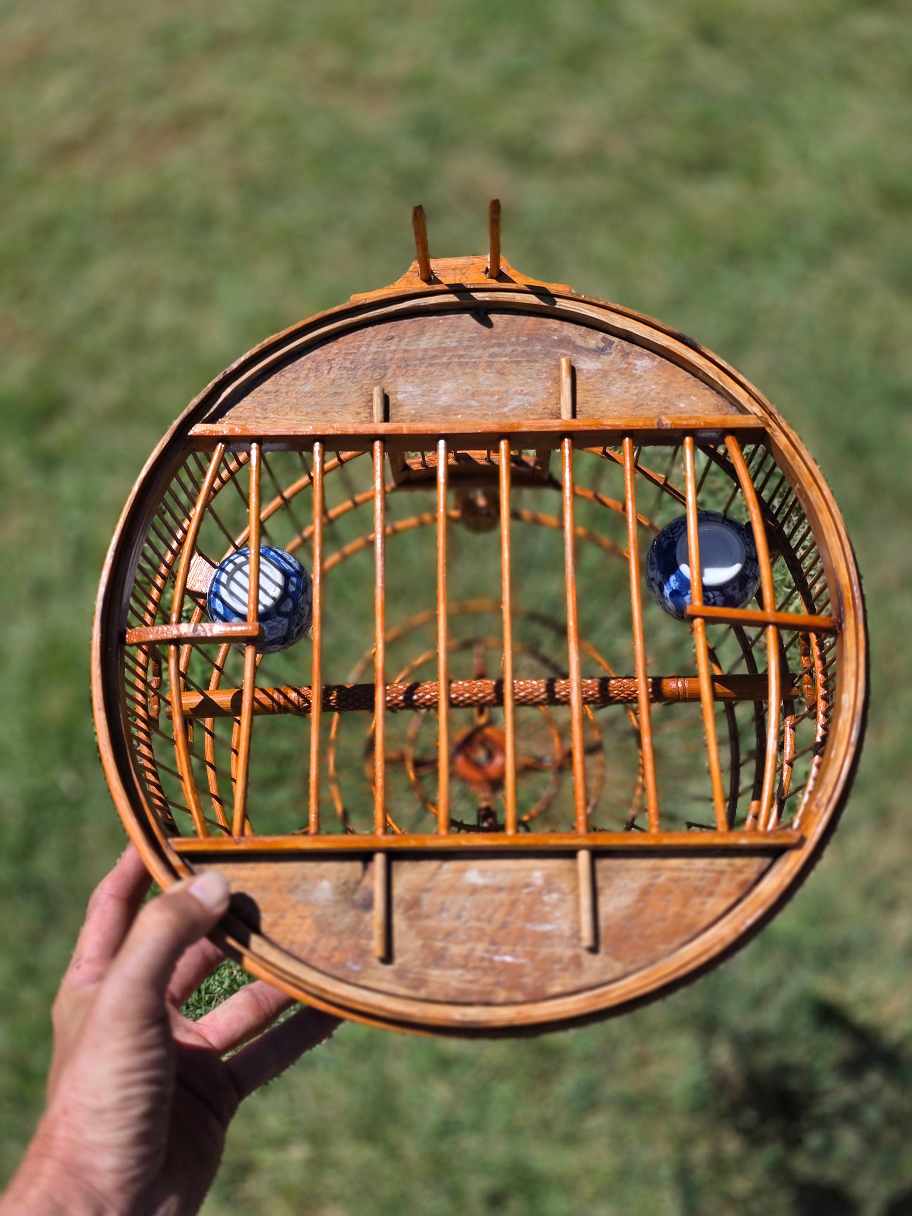 Vintage Chinese Bamboo Bird Cage Round Large Carved Asian Chinoiserie Style