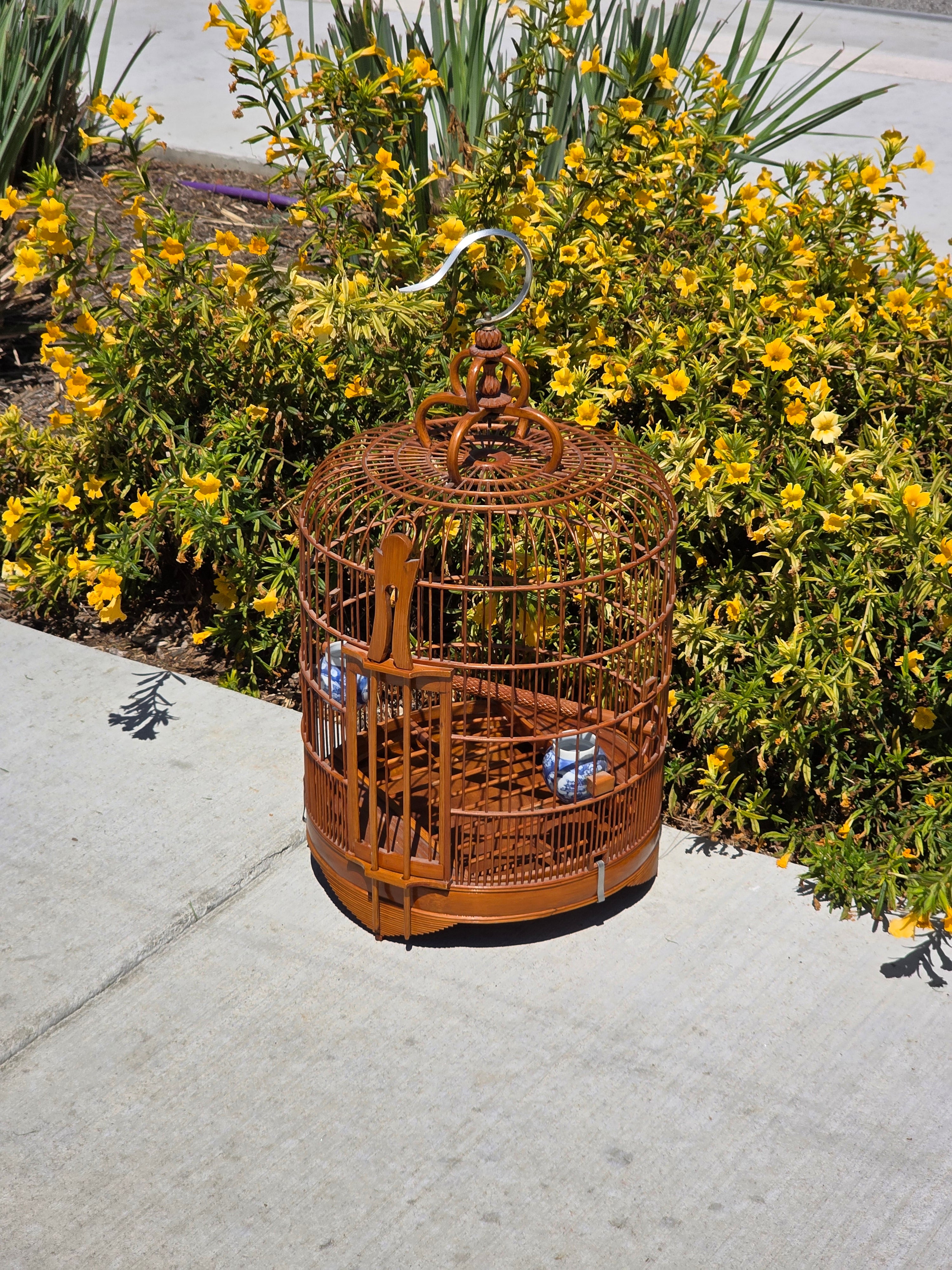 Vintage Chinese Bamboo Bird Cage Round Large Carved Asian Chinoiserie Style