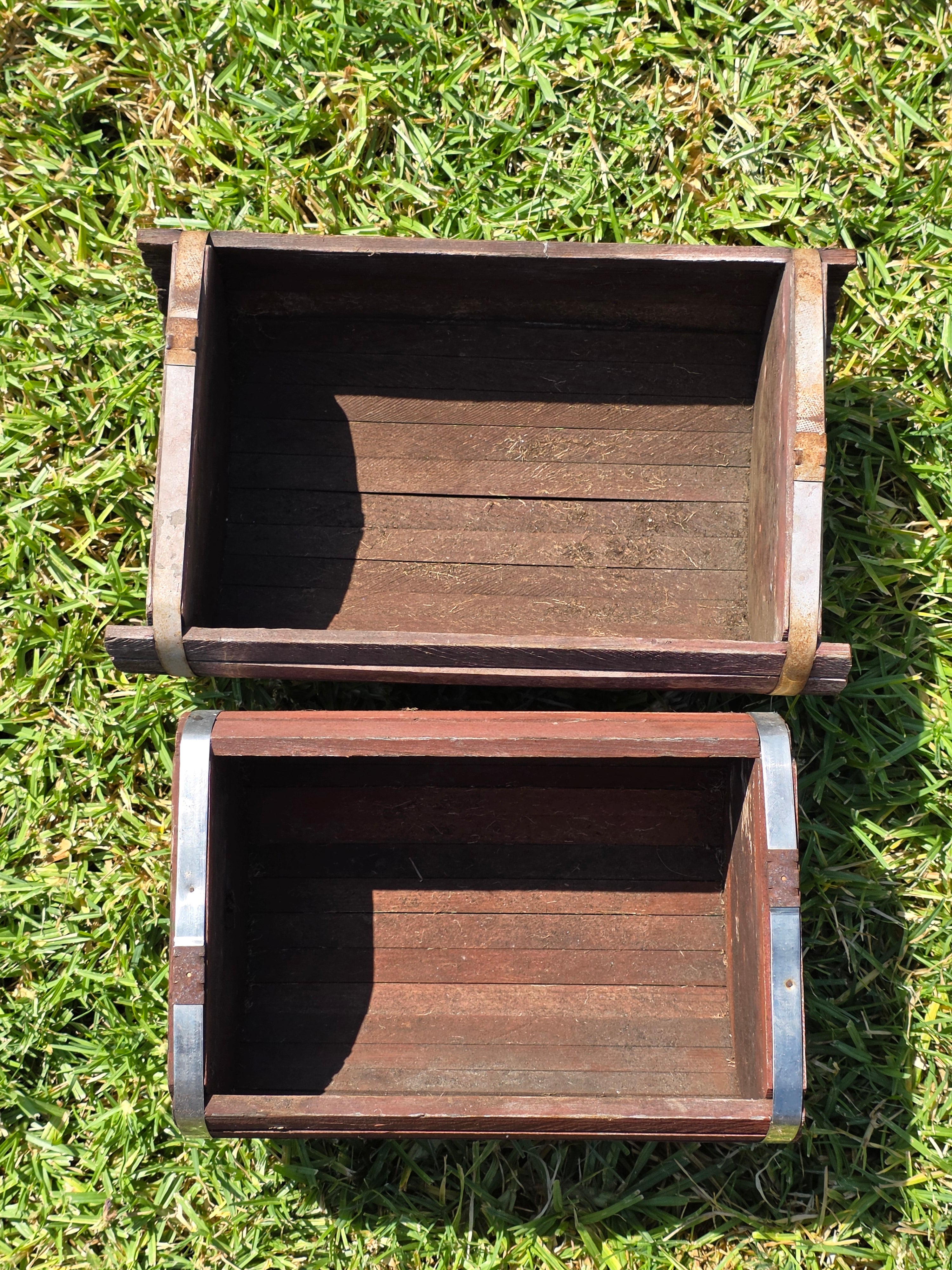 Vintage Half Barrel Planter Set 2 Wood Slat Rustic Garden Flower Pot Box Rusty