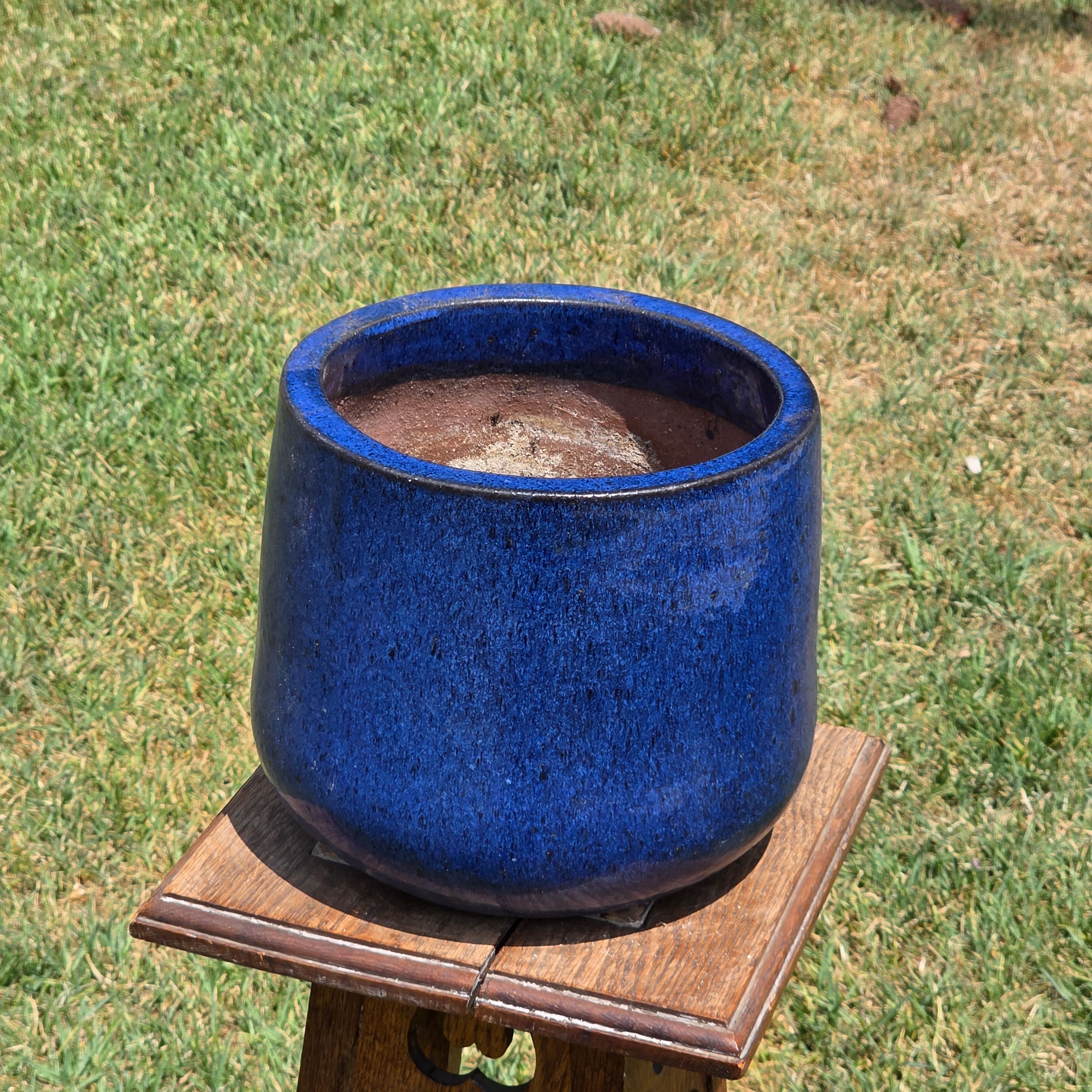 Vintage Mid Century Cobalt Blue Glazed Ceramic Planter Pot Round Large 10" MCM