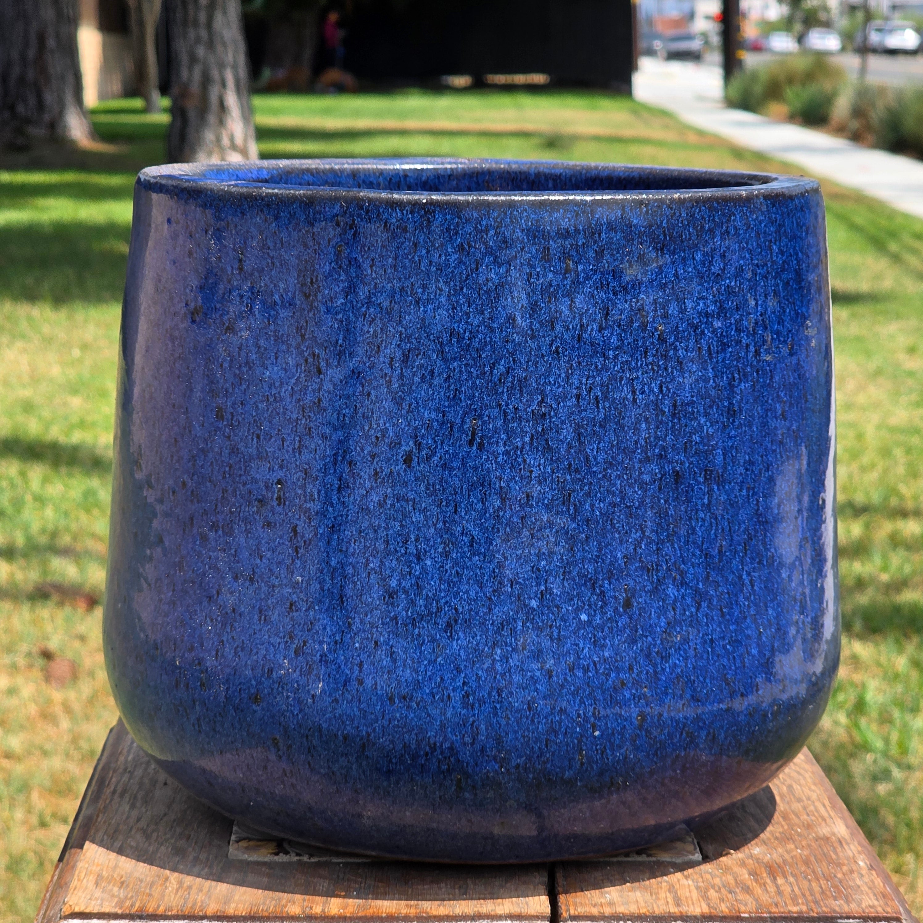 Vintage Mid Century Cobalt Blue Glazed Ceramic Planter Pot Round Large 10" MCM