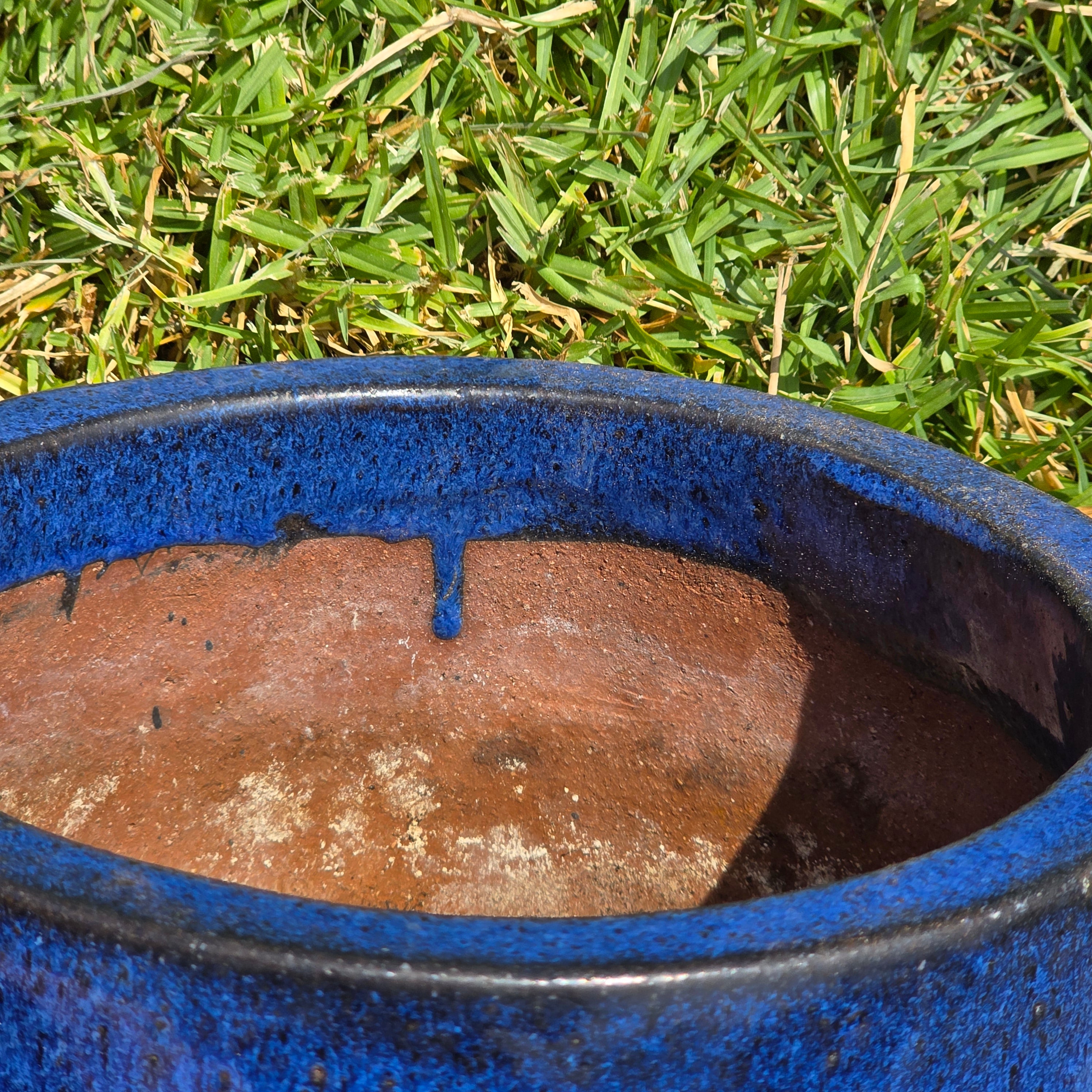 Vintage Mid Century Cobalt Blue Glazed Ceramic Planter Pot Round Large 10" MCM