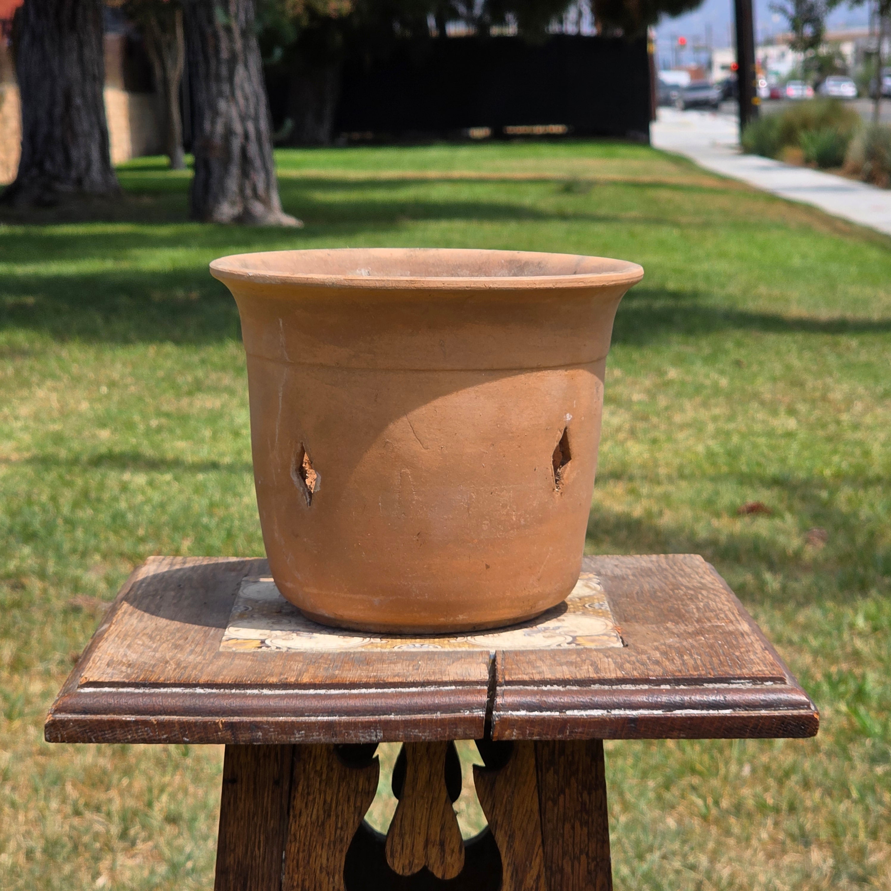 Vintage Terracotta Orchid Pot Clay Planter Diamond Cutouts Holes Garden 7"x5.5"