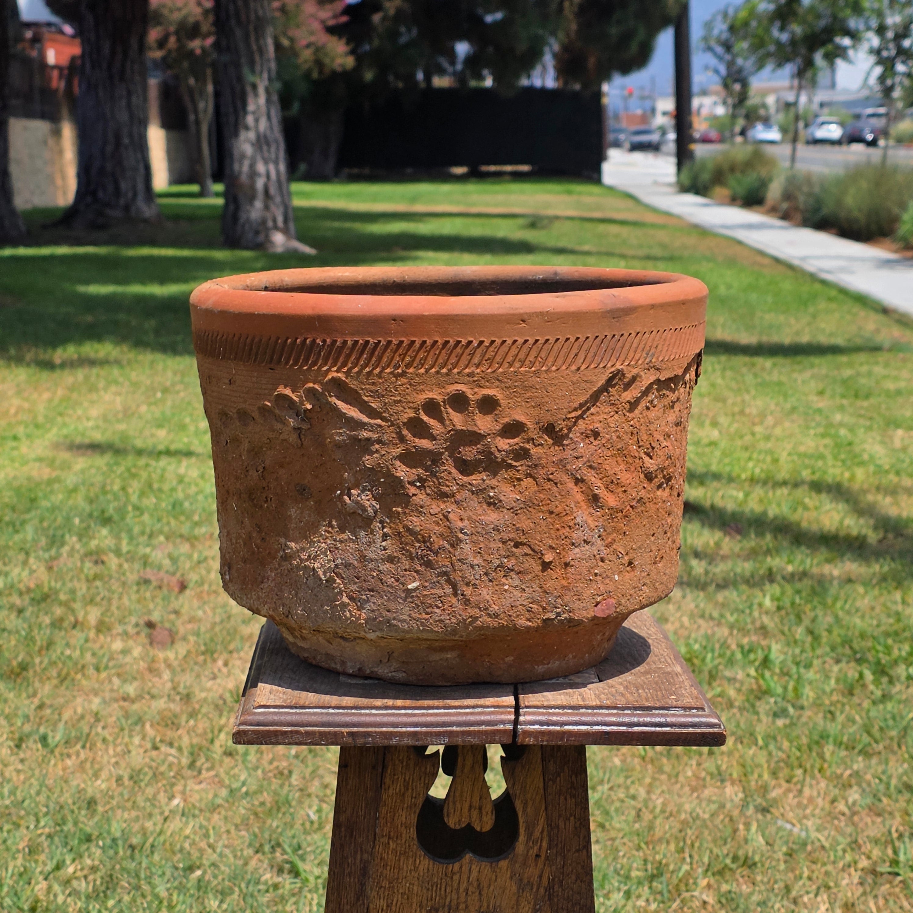 Share Vintage Large Terracotta Planter Pot Rustic Weathered Clay Carved Flower 12.5"