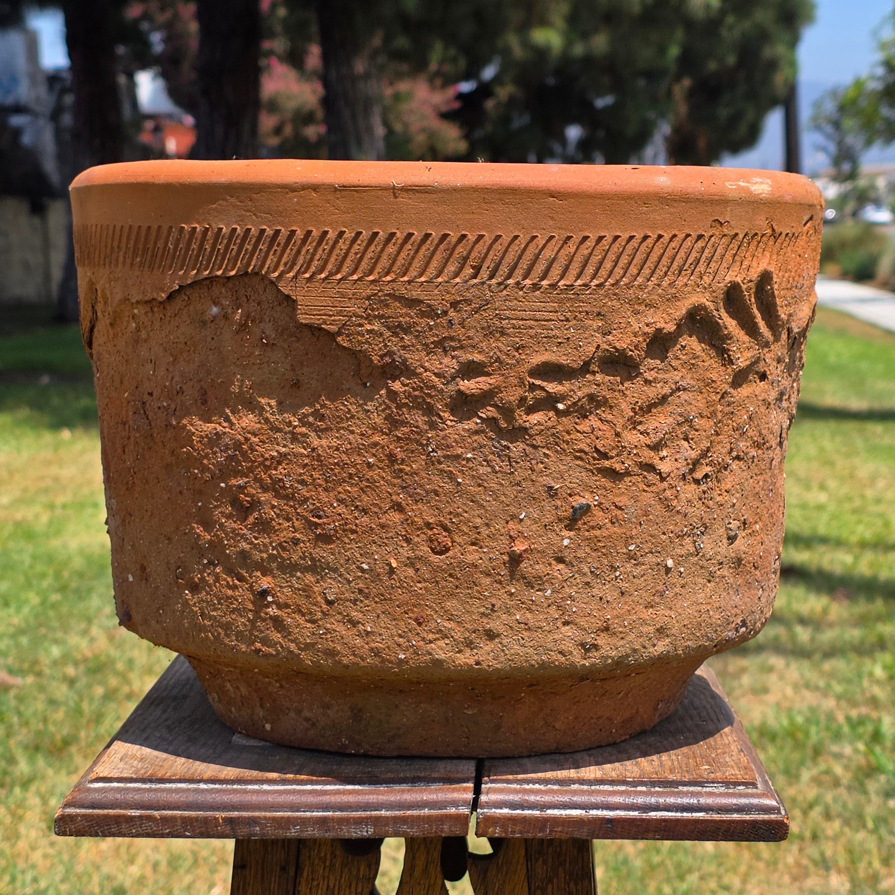 Share Vintage Large Terracotta Planter Pot Rustic Weathered Clay Carved Flower 12.5"