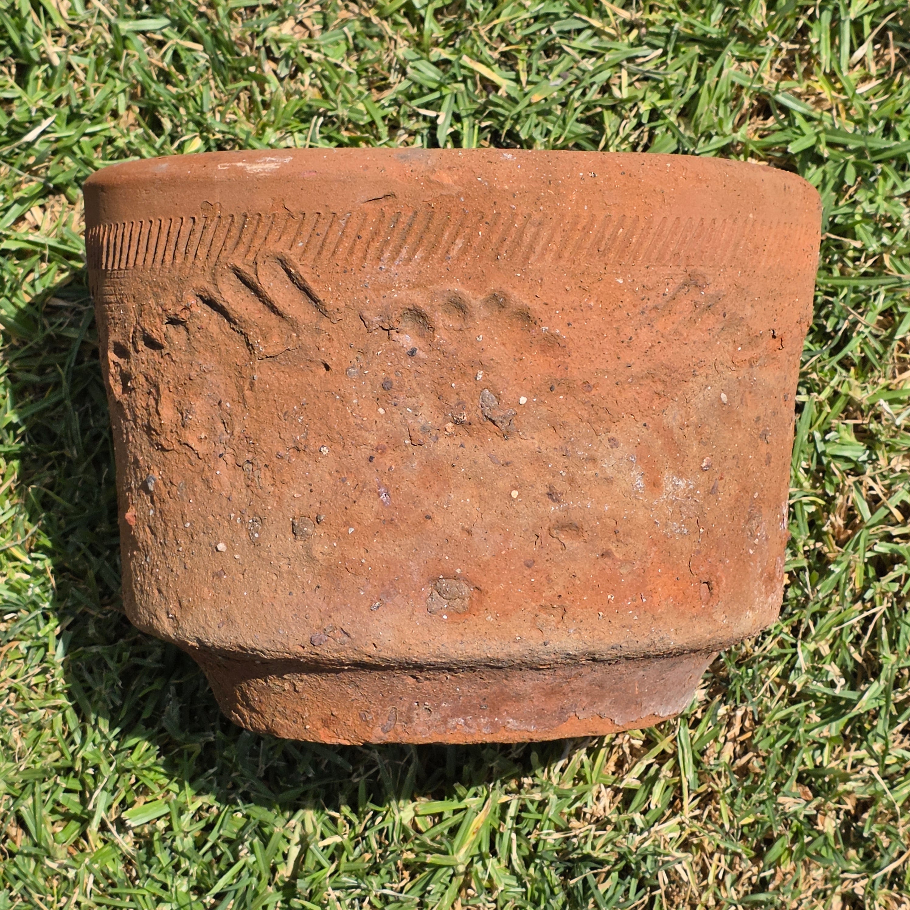 Share Vintage Large Terracotta Planter Pot Rustic Weathered Clay Carved Flower 12.5"