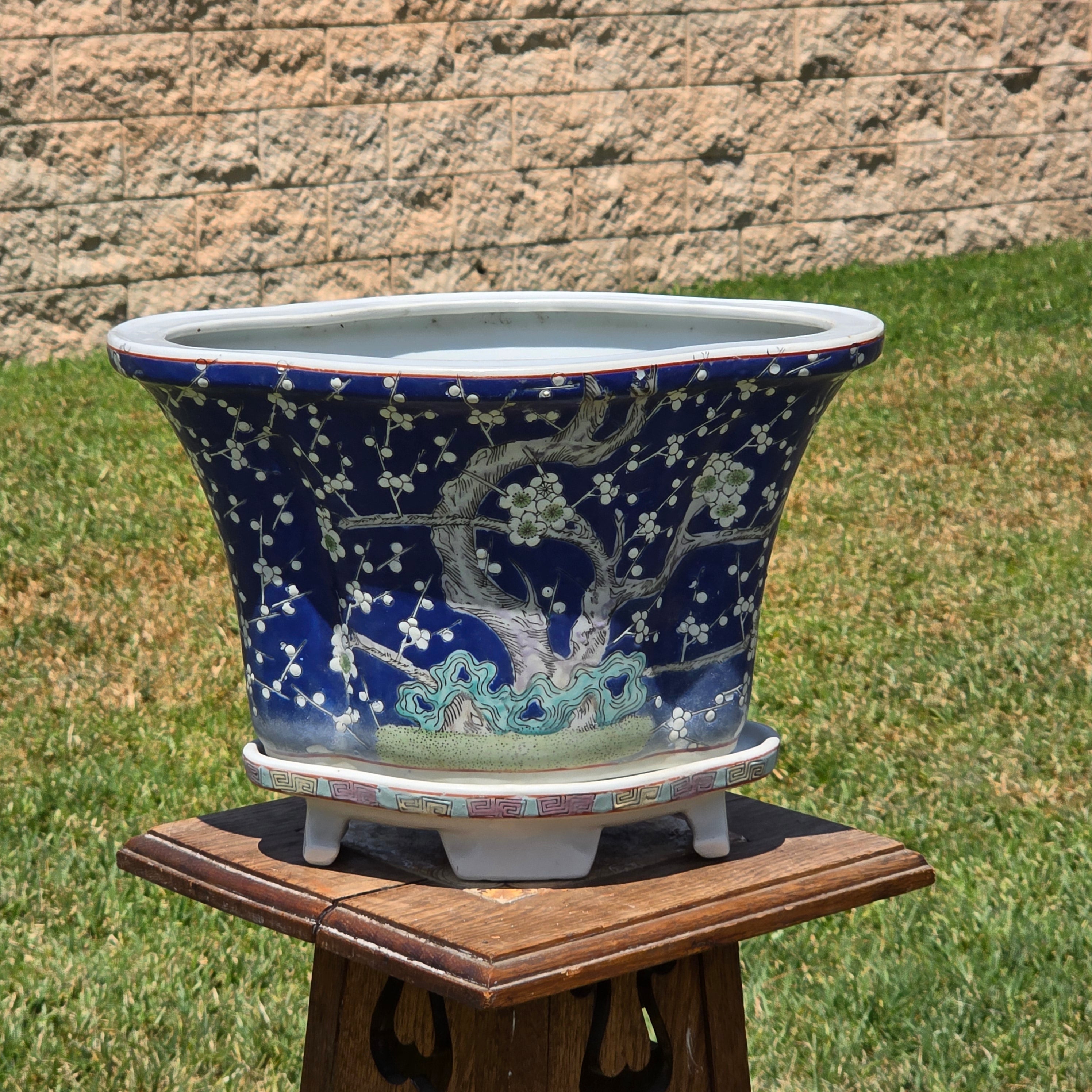 Share Chinese Vintage Blue White Fluted Oval Bonsai Planter Pot Saucer Prunus