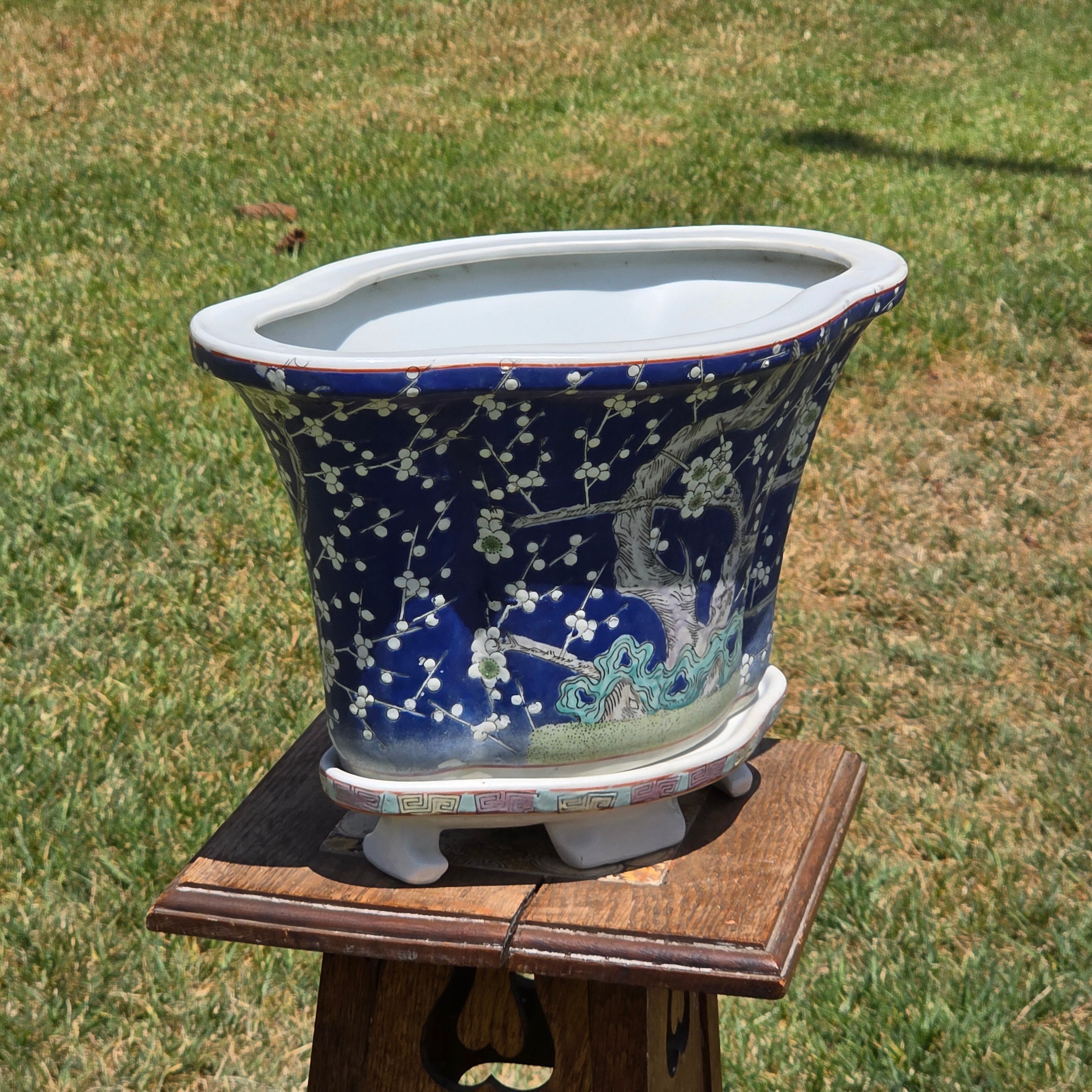Share Chinese Vintage Blue White Fluted Oval Bonsai Planter Pot Saucer Prunus