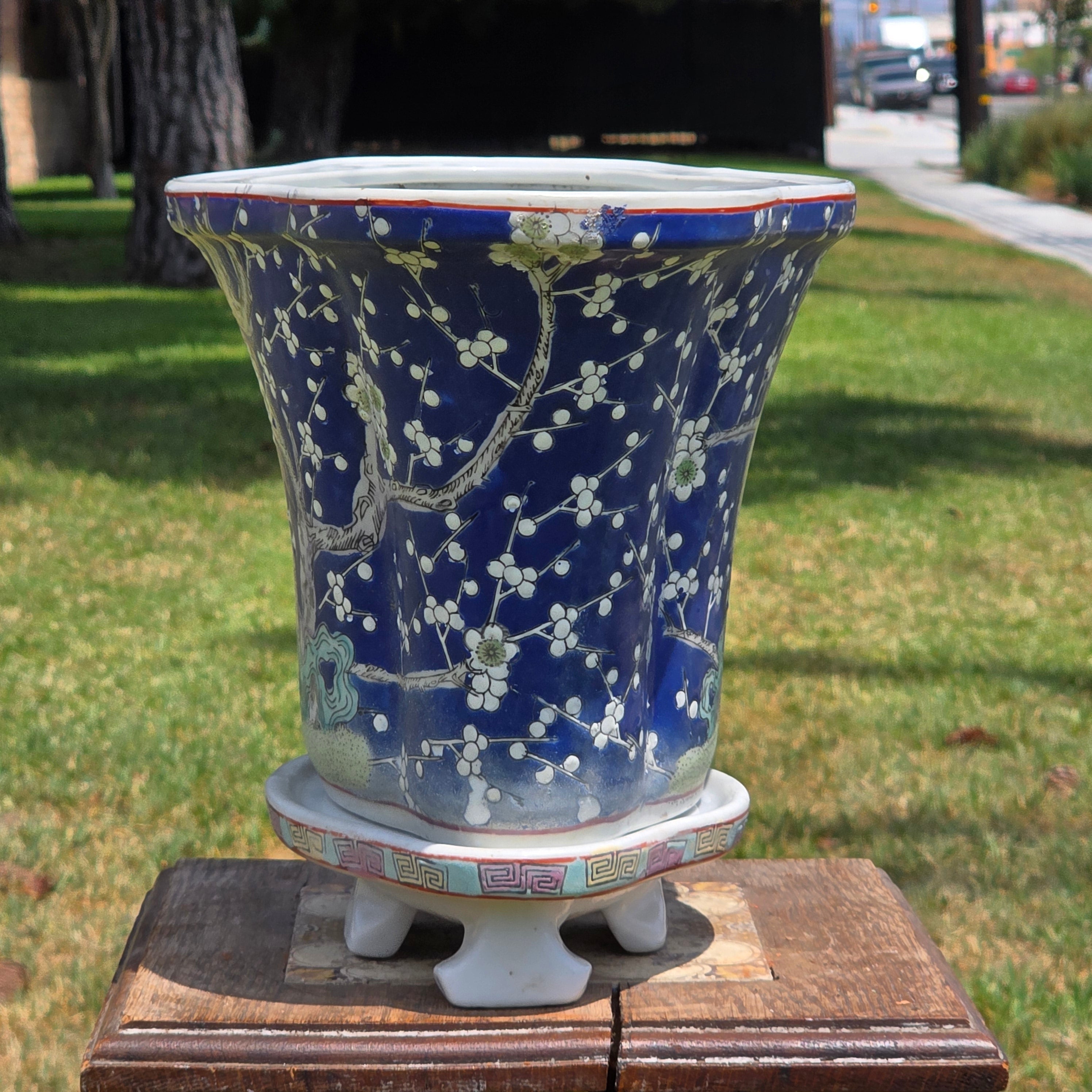 Share Chinese Vintage Blue White Fluted Oval Bonsai Planter Pot Saucer Prunus