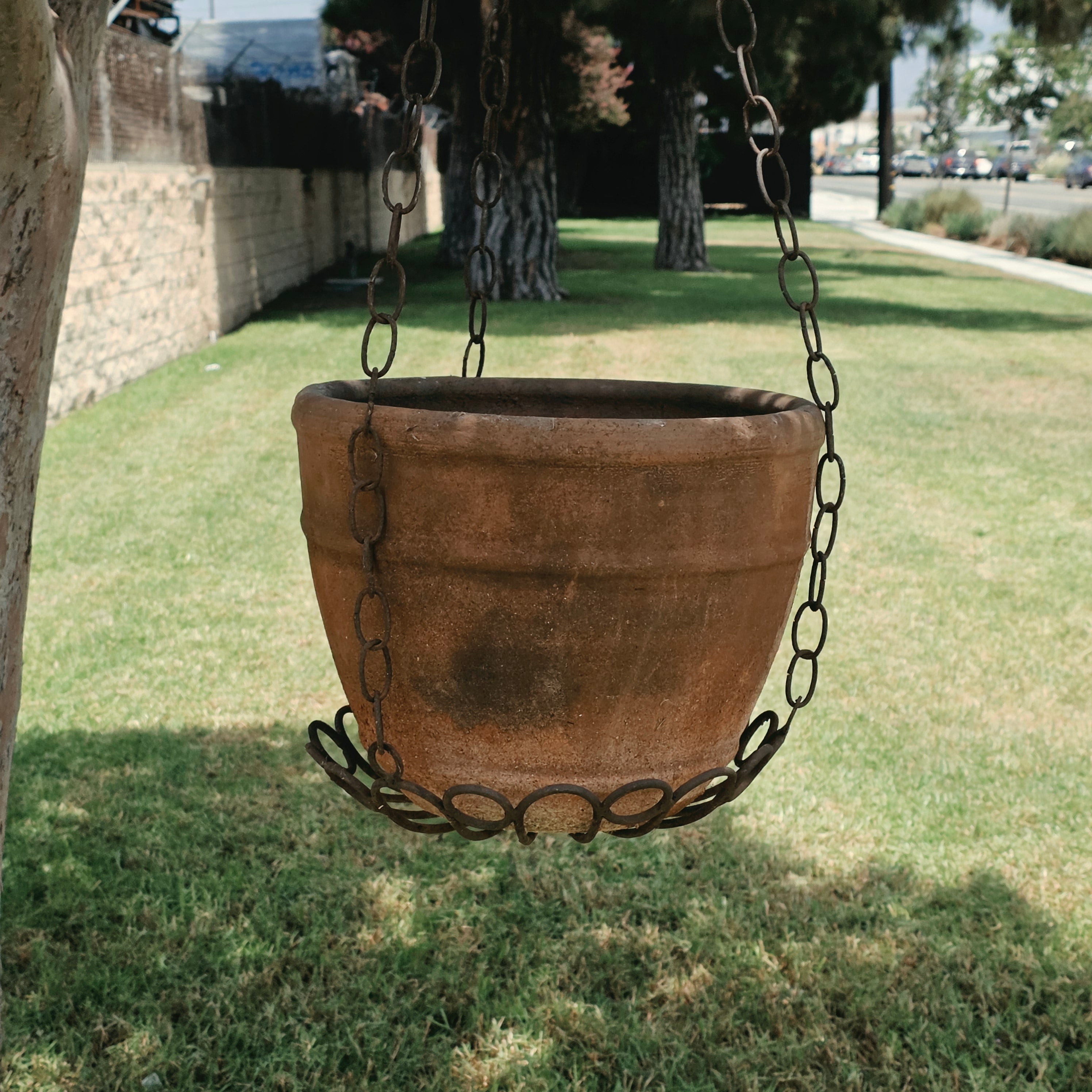 Vintage Rustic Terracotta Hanging Planter Pot Wrought Iron Basket Chain Heavy
