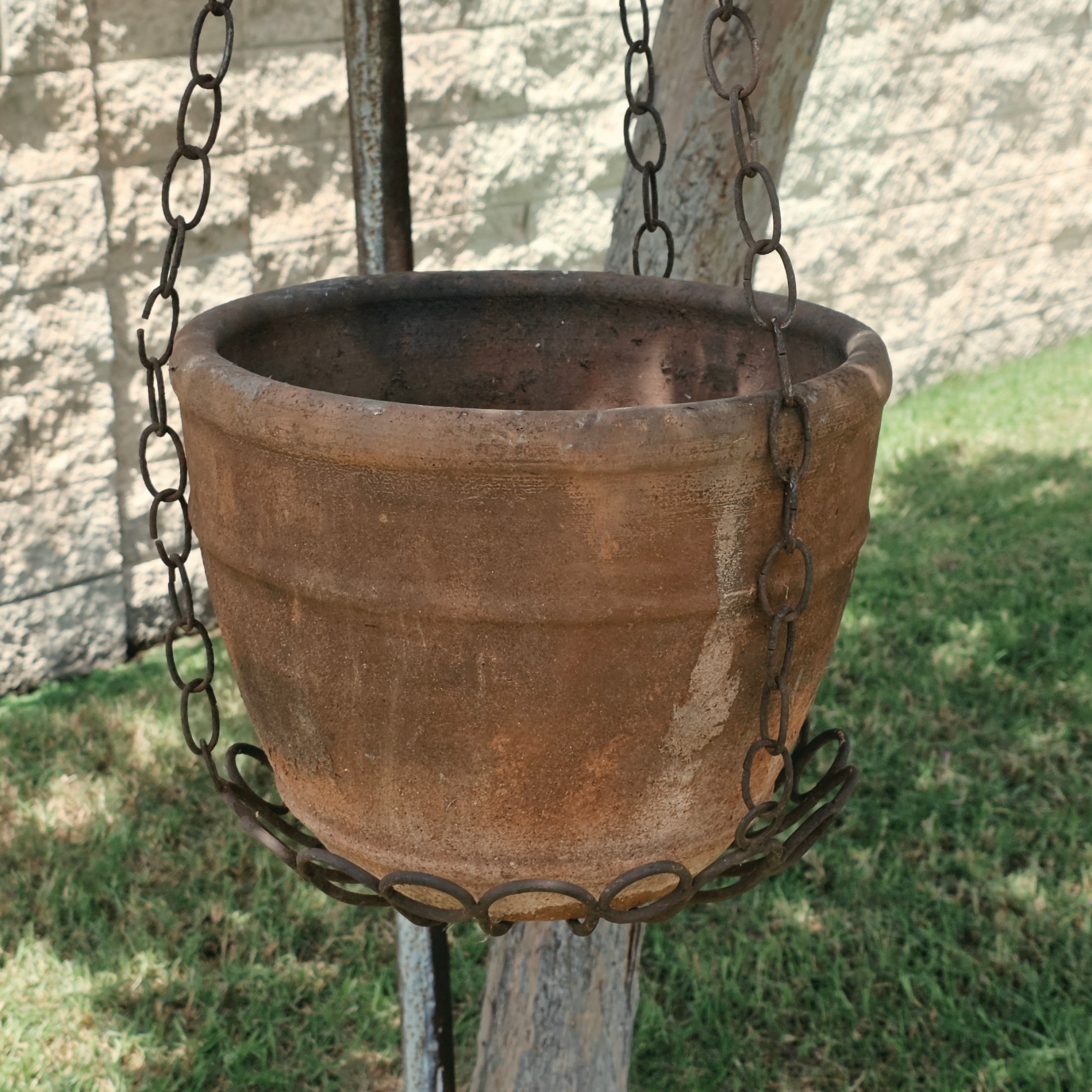 Vintage Rustic Terracotta Hanging Planter Pot Wrought Iron Basket Chain Heavy