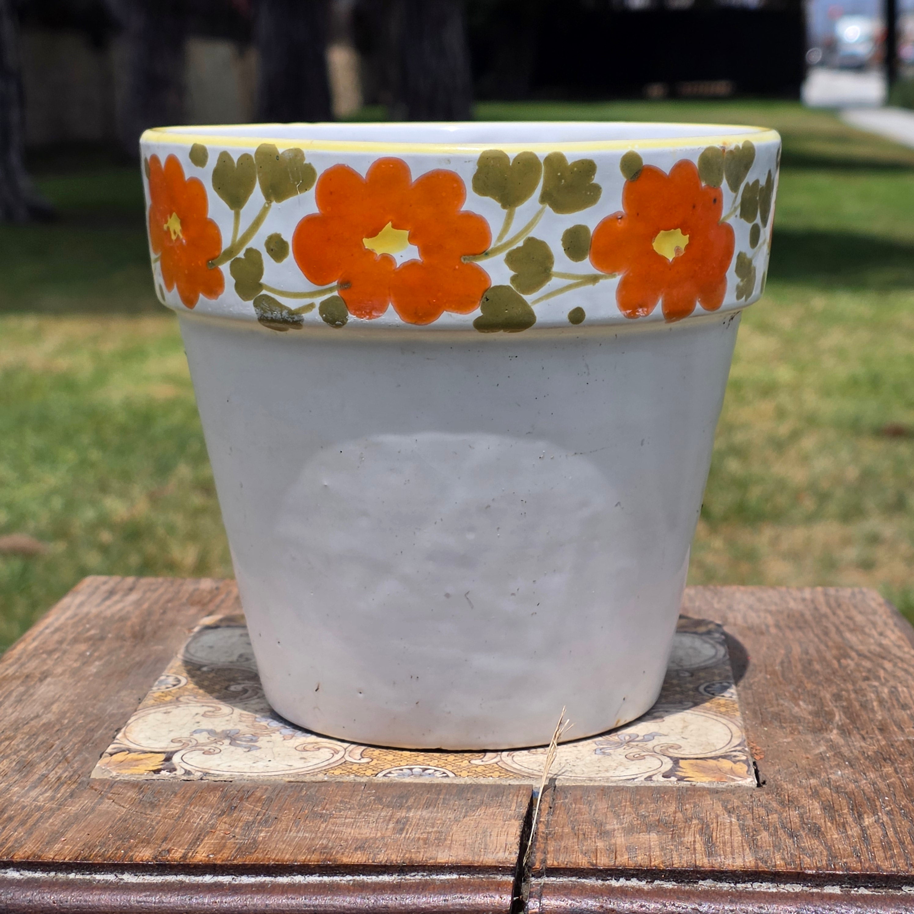 Vintage Italy Ceramic Planter Orange Flower Pot Yellow Rim MCM Hand Painted 6"