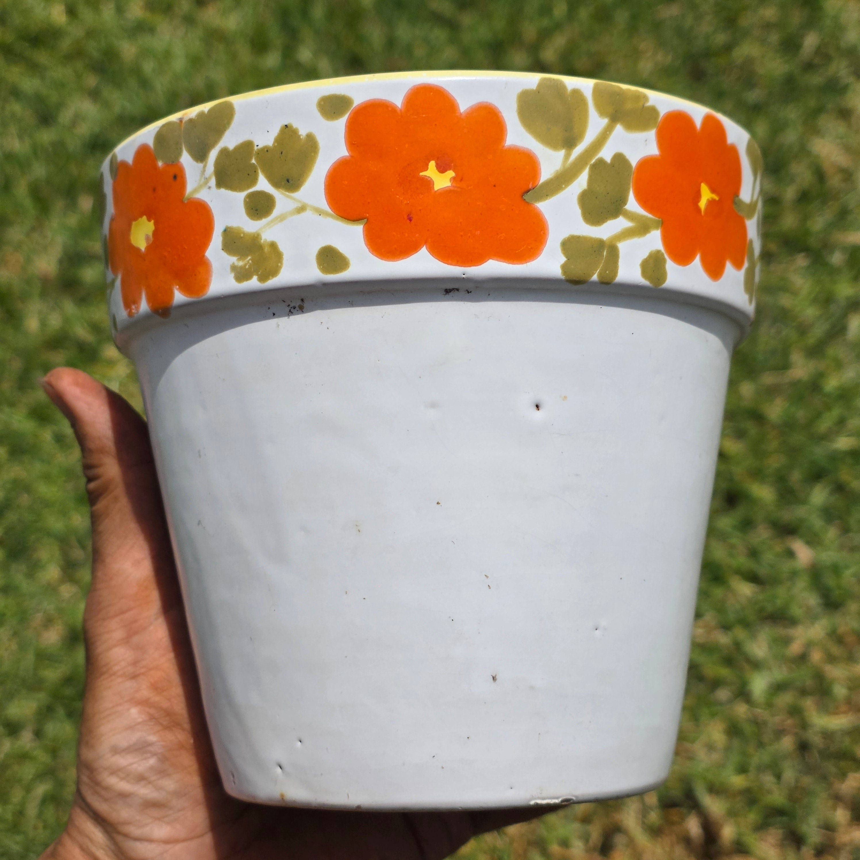 Vintage Italy Ceramic Planter Orange Flower Pot Yellow Rim MCM Hand Painted 6"