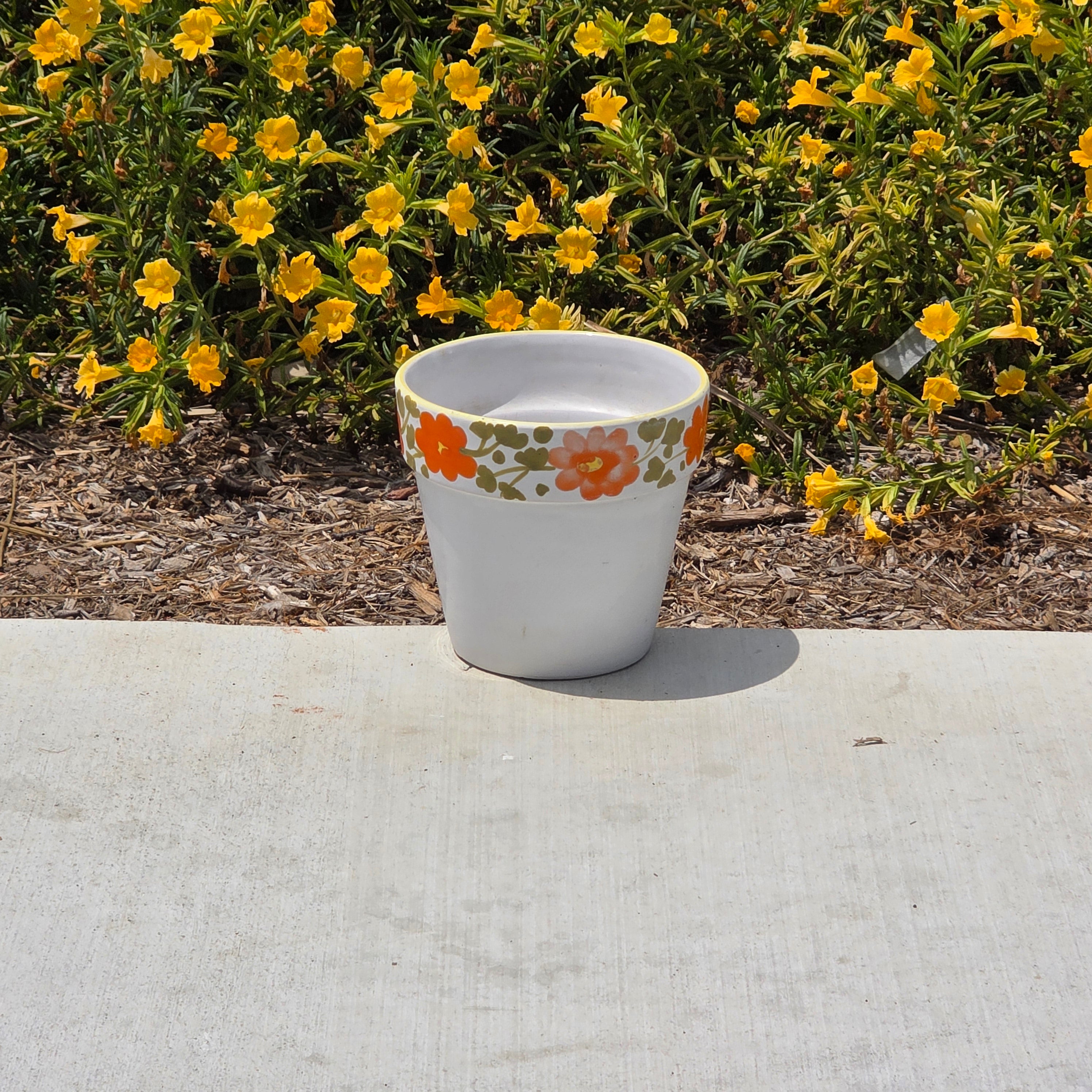 Vintage Italy Ceramic Planter Orange Flower Pot Yellow Rim MCM Hand Painted 6"