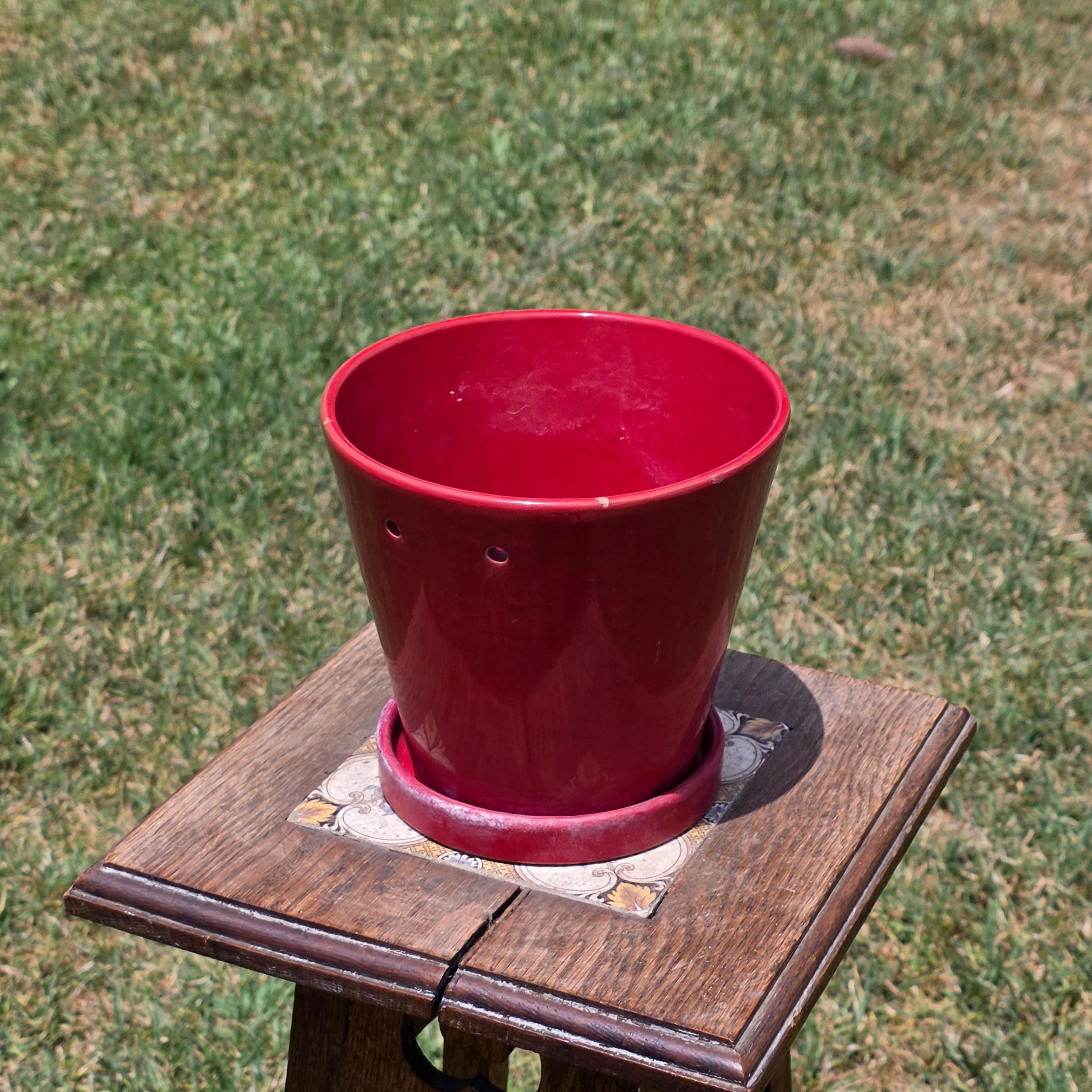Vintage Red Ceramic Orchid Planter Pot Hanging Holes Saucer Glazed 7" Clay