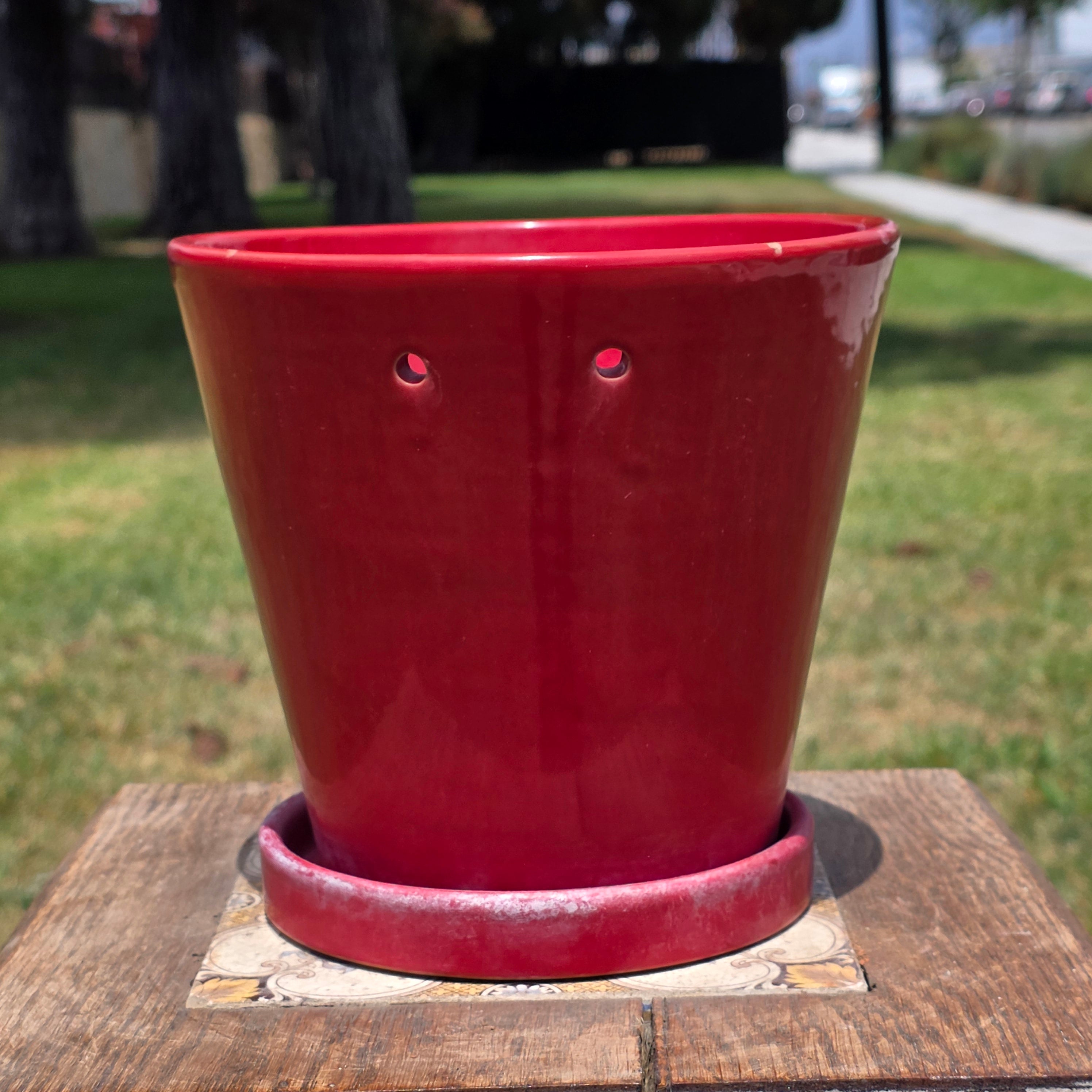 Vintage Red Ceramic Orchid Planter Pot Hanging Holes Saucer Glazed 7" Clay