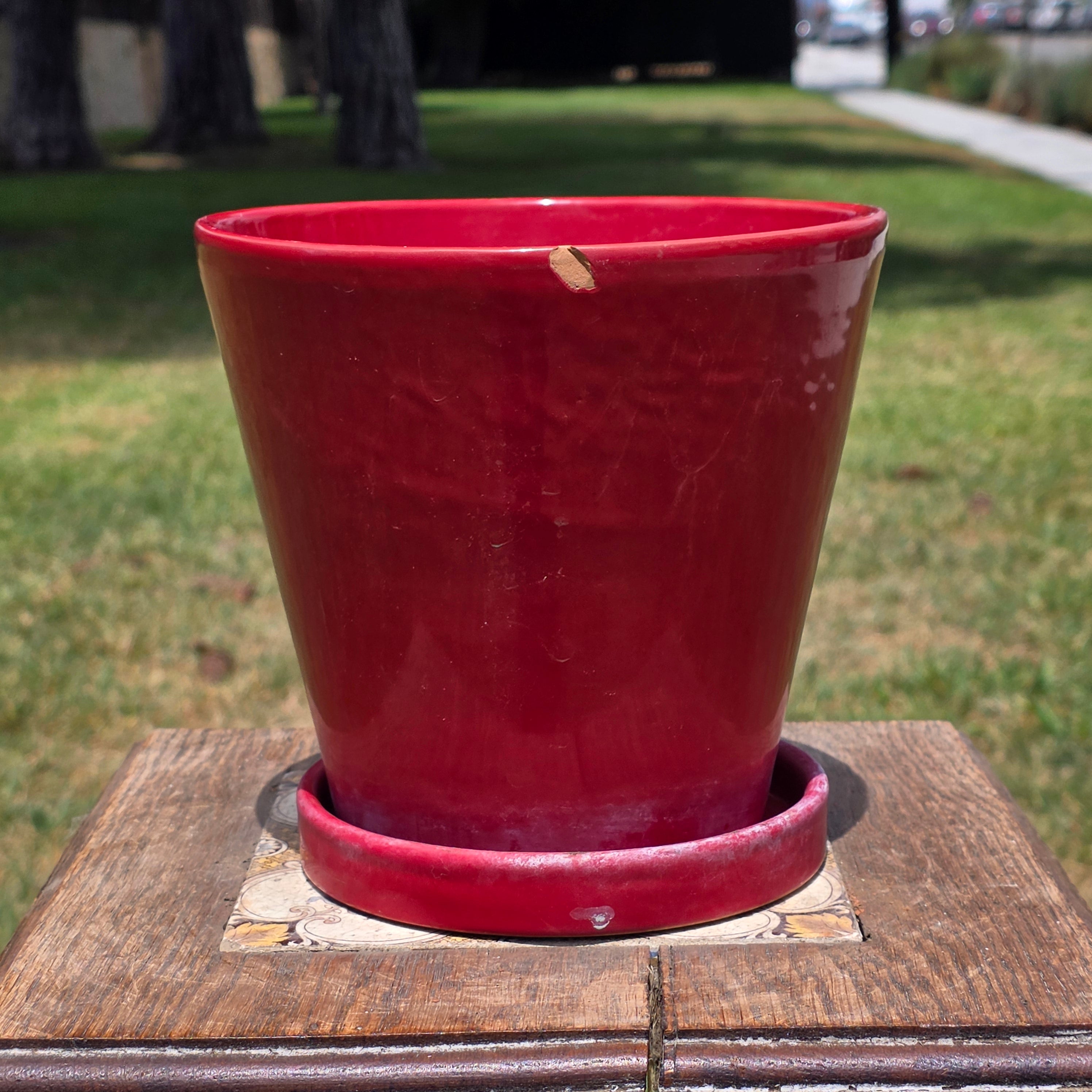 Vintage Red Ceramic Orchid Planter Pot Hanging Holes Saucer Glazed 7" Clay