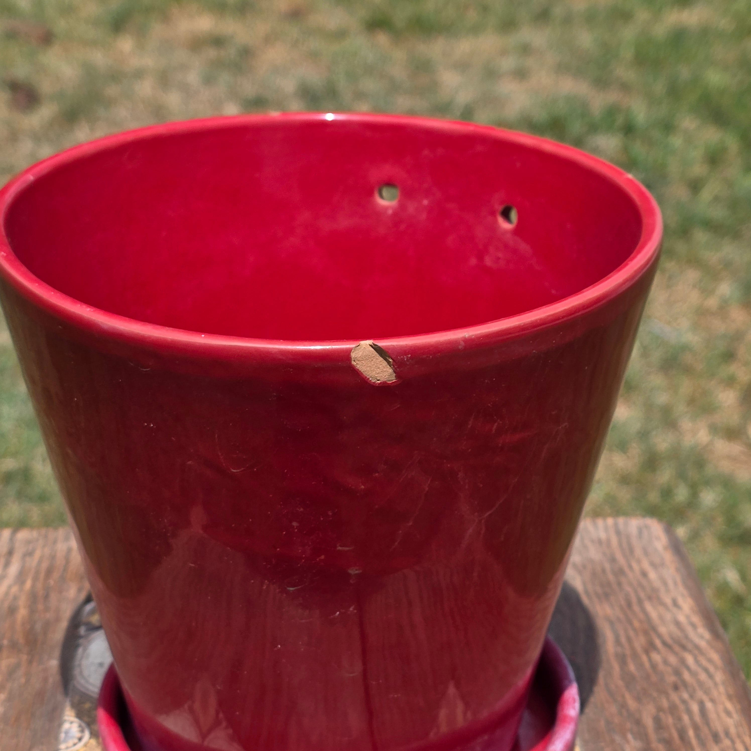 Vintage Red Ceramic Orchid Planter Pot Hanging Holes Saucer Glazed 7" Clay