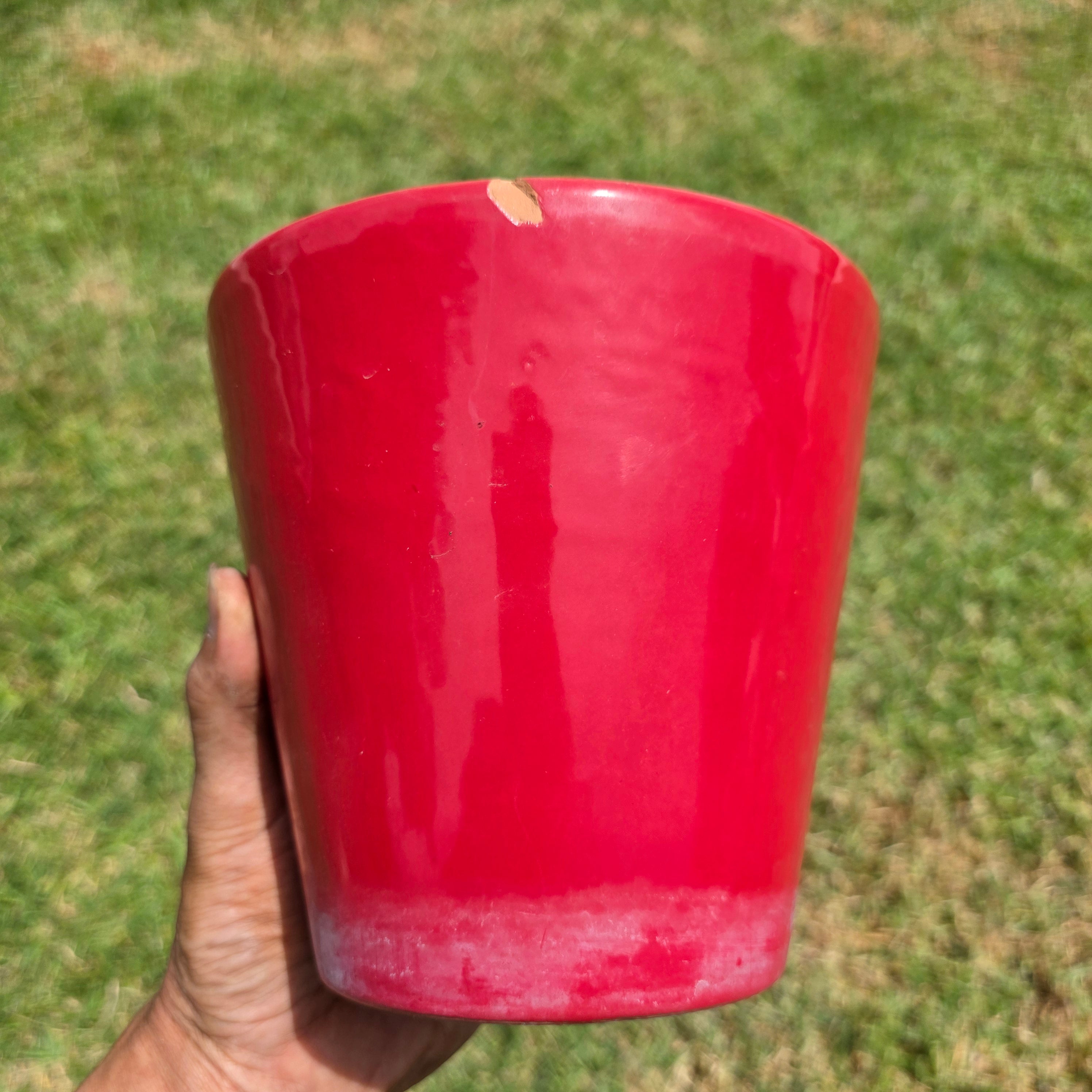 Vintage Red Ceramic Orchid Planter Pot Hanging Holes Saucer Glazed 7" Clay