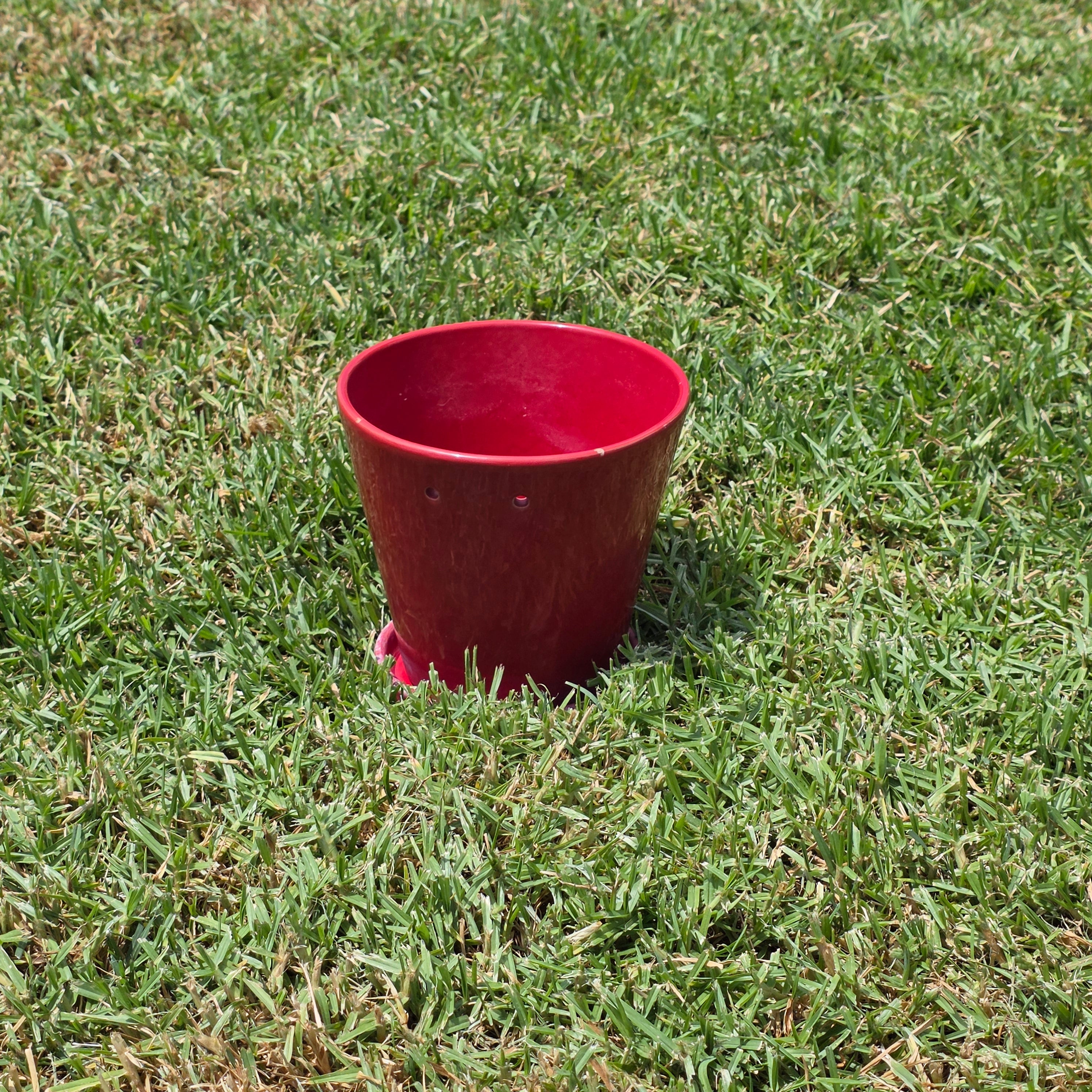 Vintage Red Ceramic Orchid Planter Pot Hanging Holes Saucer Glazed 7" Clay