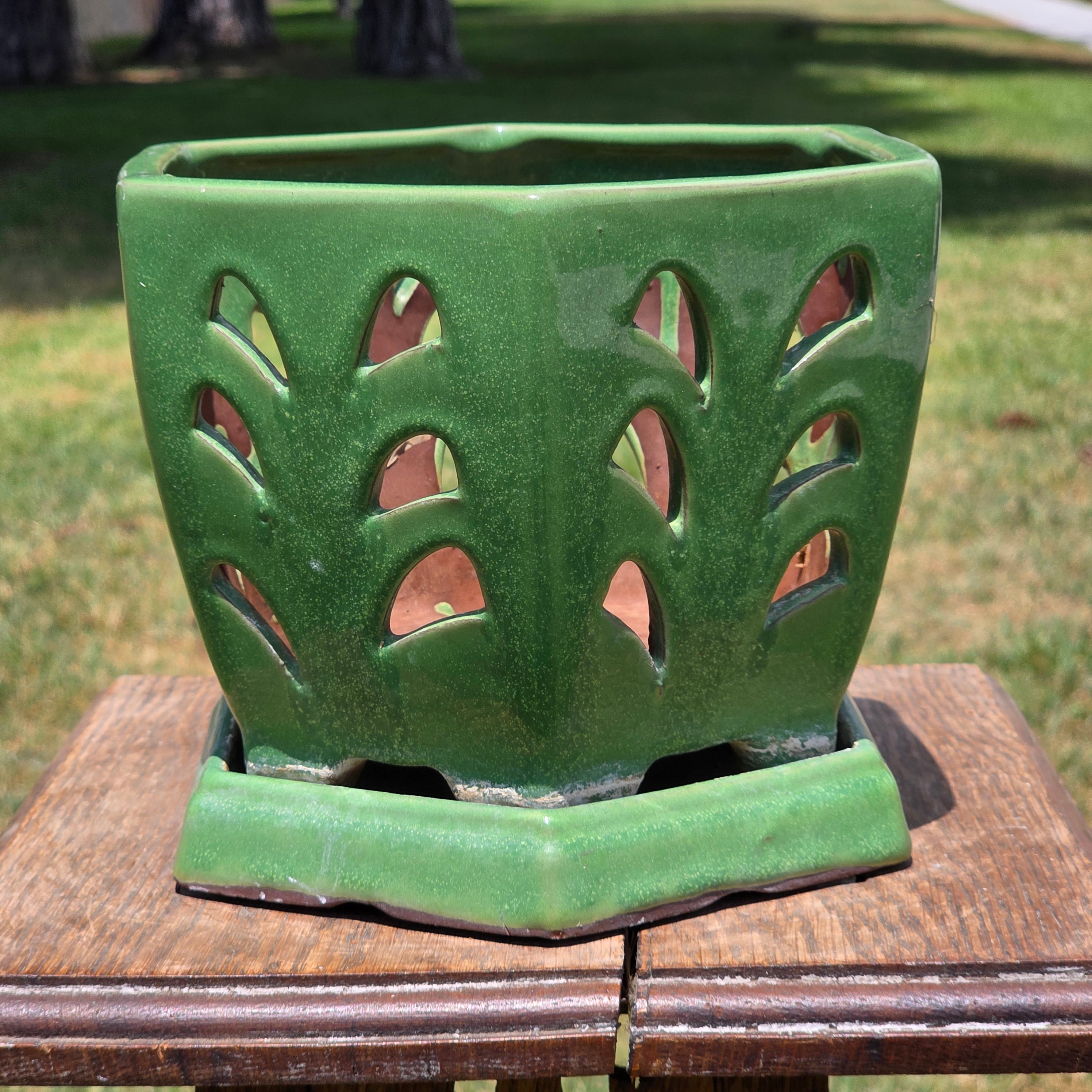 Vintage Orchid Pot Ceramic Planter Hexagon Green Glazed Cutout Attached Saucer 7"