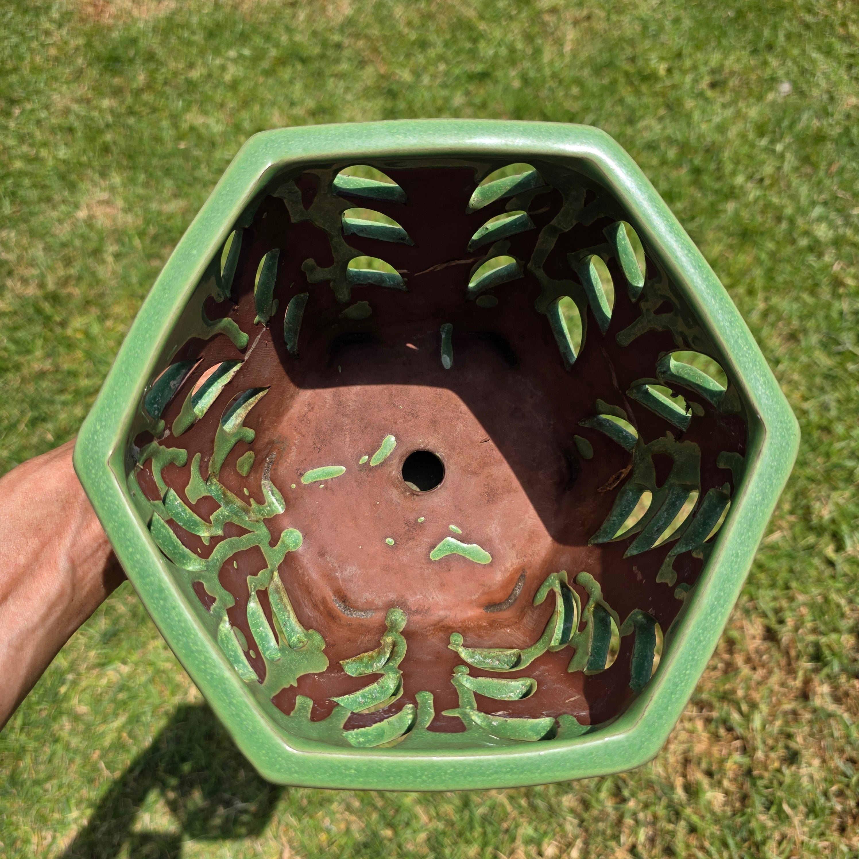 Vintage Orchid Pot Ceramic Planter Hexagon Green Glazed Cutout Attached Saucer 7"