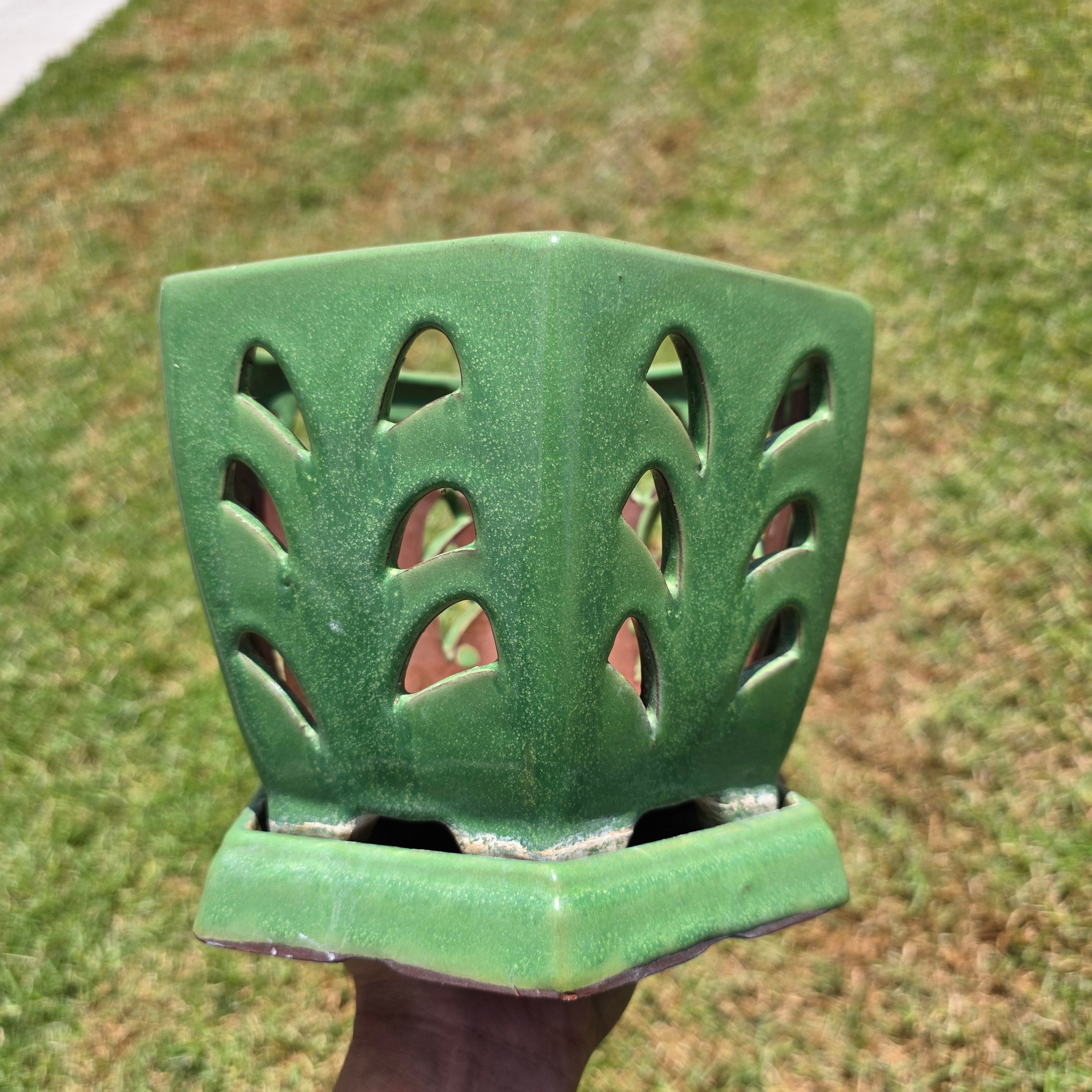 Vintage Orchid Pot Ceramic Planter Hexagon Green Glazed Cutout Attached Saucer 7"