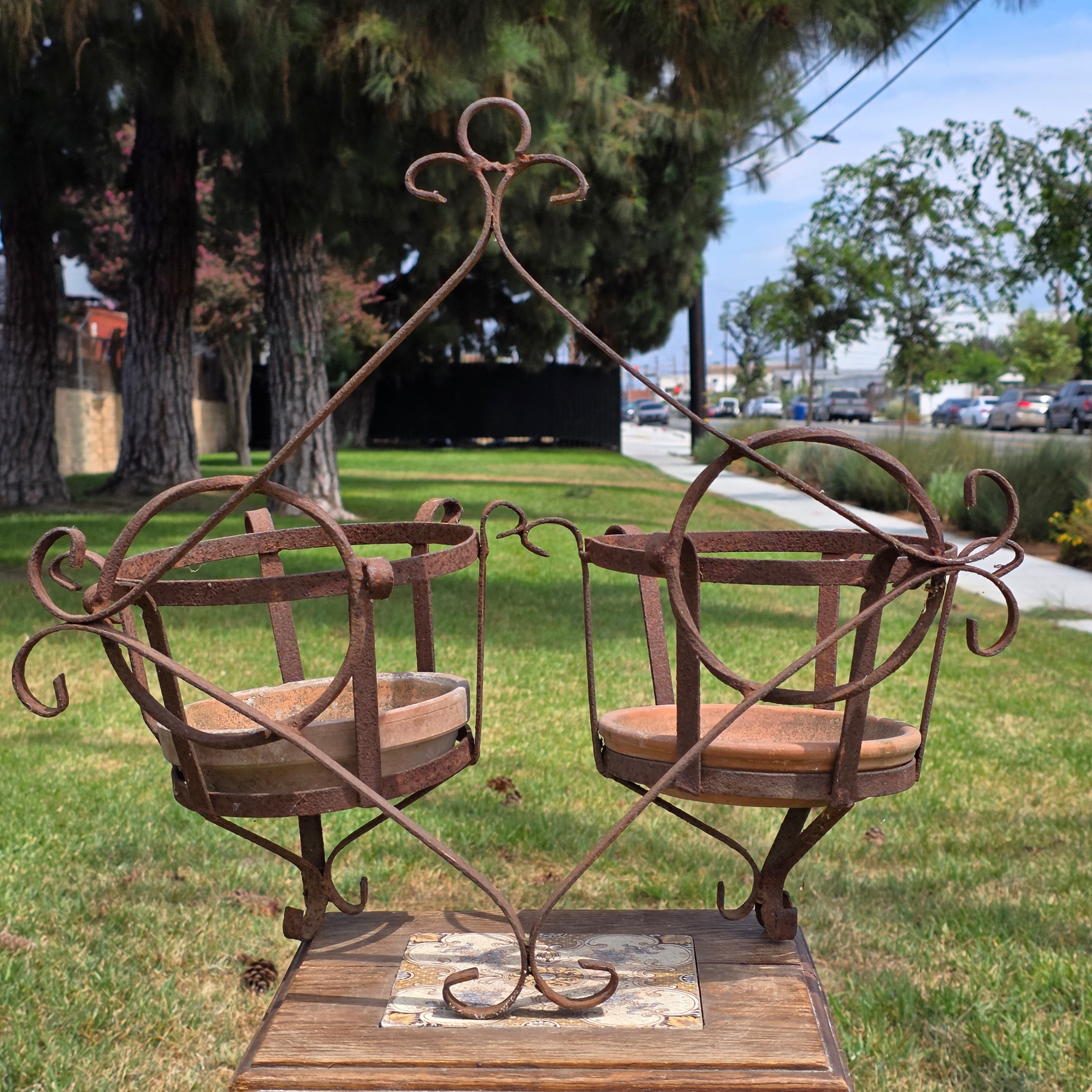 Vintage Wrought Iron Wall Planter Double Basket Sconce W Terracotta Saucers 7.5"
