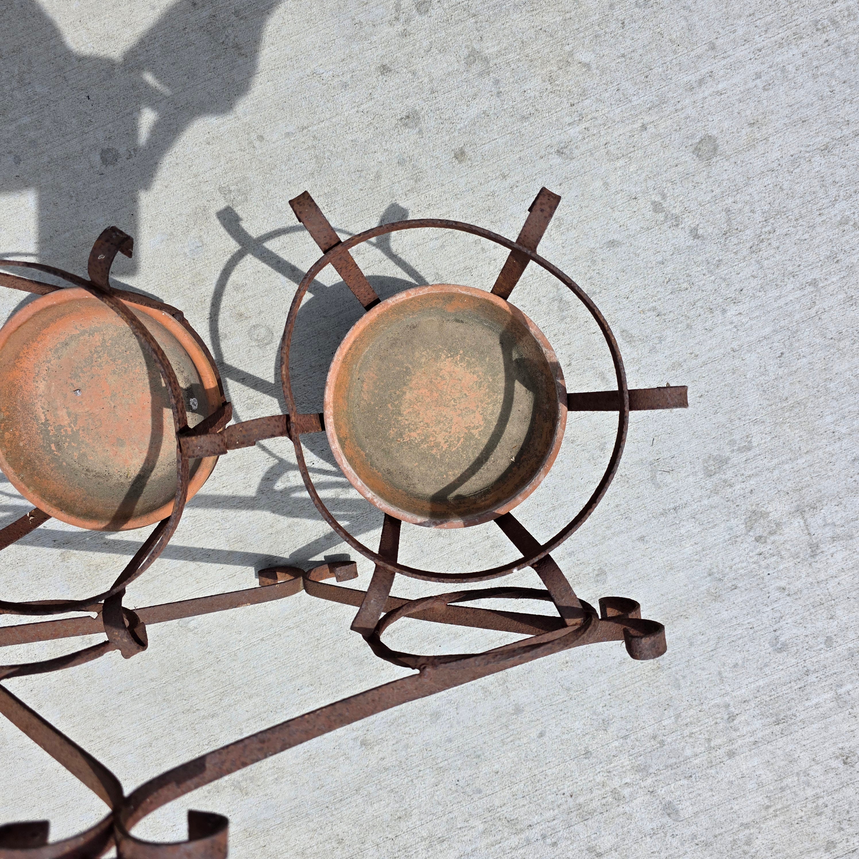 Vintage Wrought Iron Wall Planter Double Basket Sconce W Terracotta Saucers 7.5"