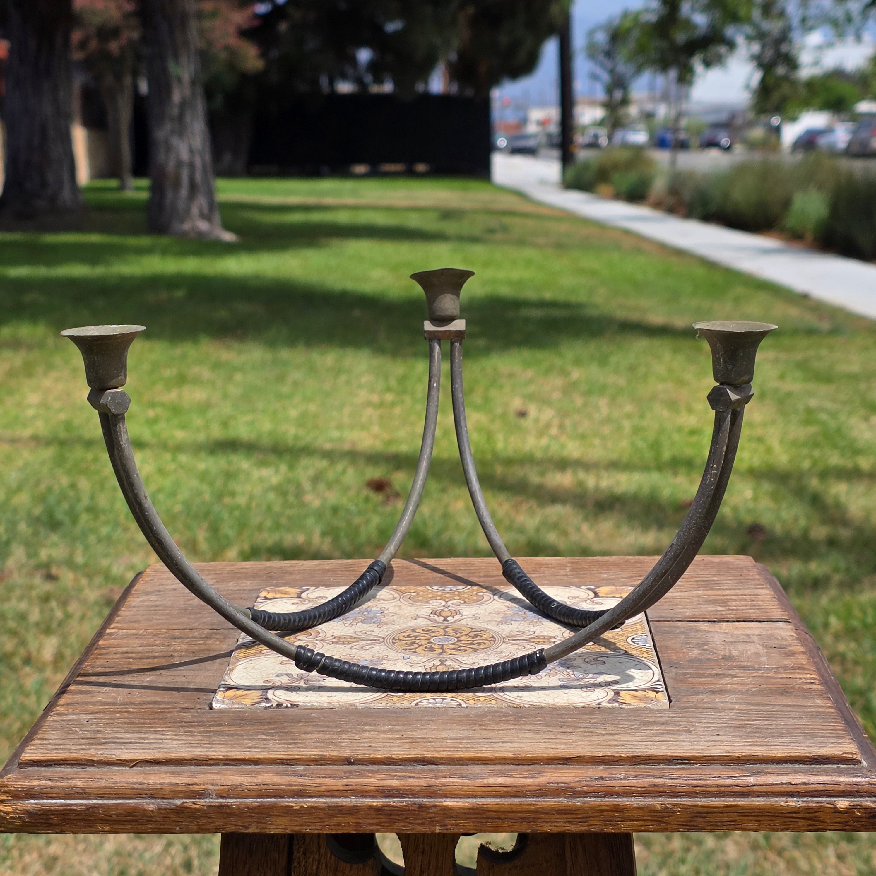Vintage MCM 3 Arm Taper Candle Holder Metal Tripod Curved Wrapped Handle Rare