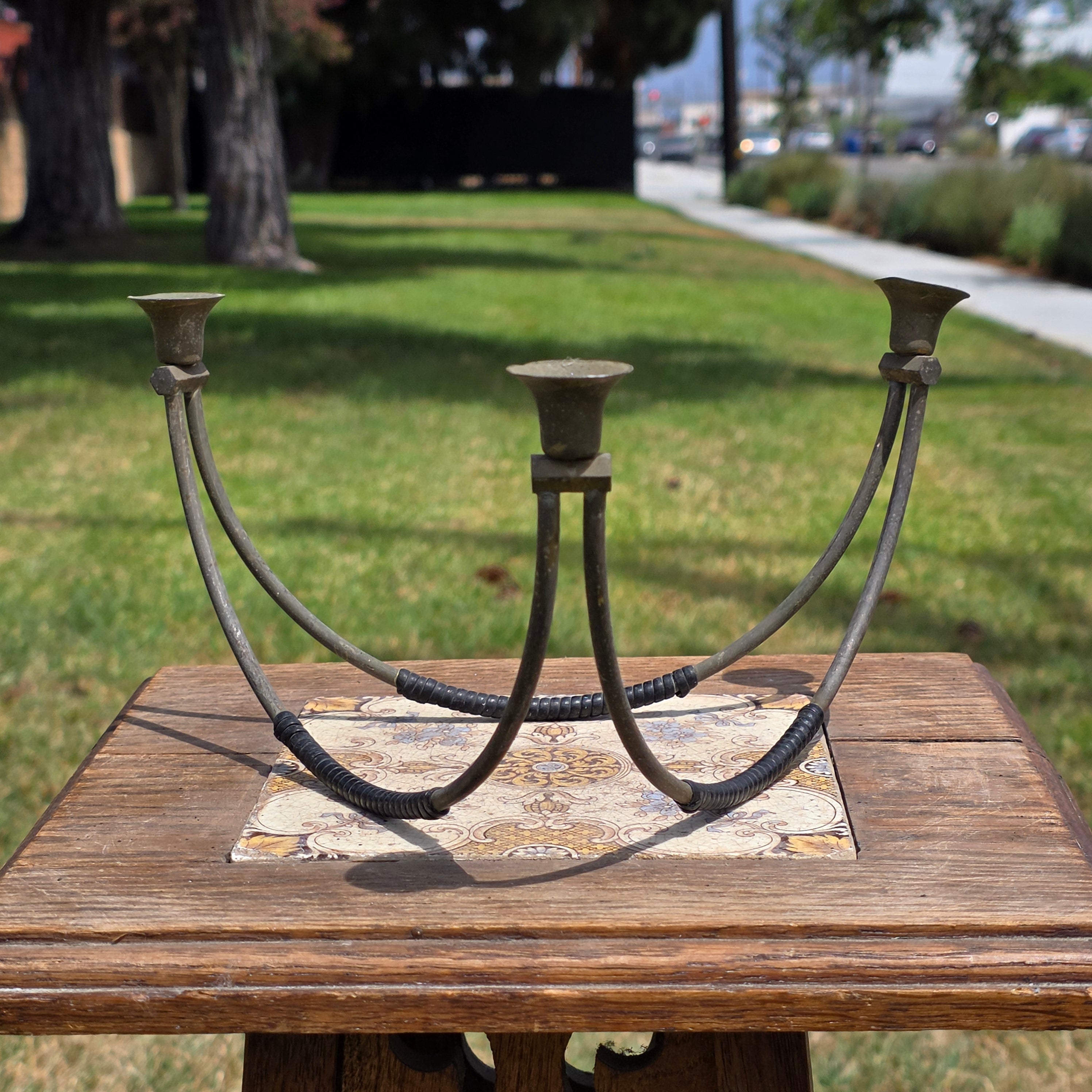 Vintage MCM 3 Arm Taper Candle Holder Metal Tripod Curved Wrapped Handle Rare