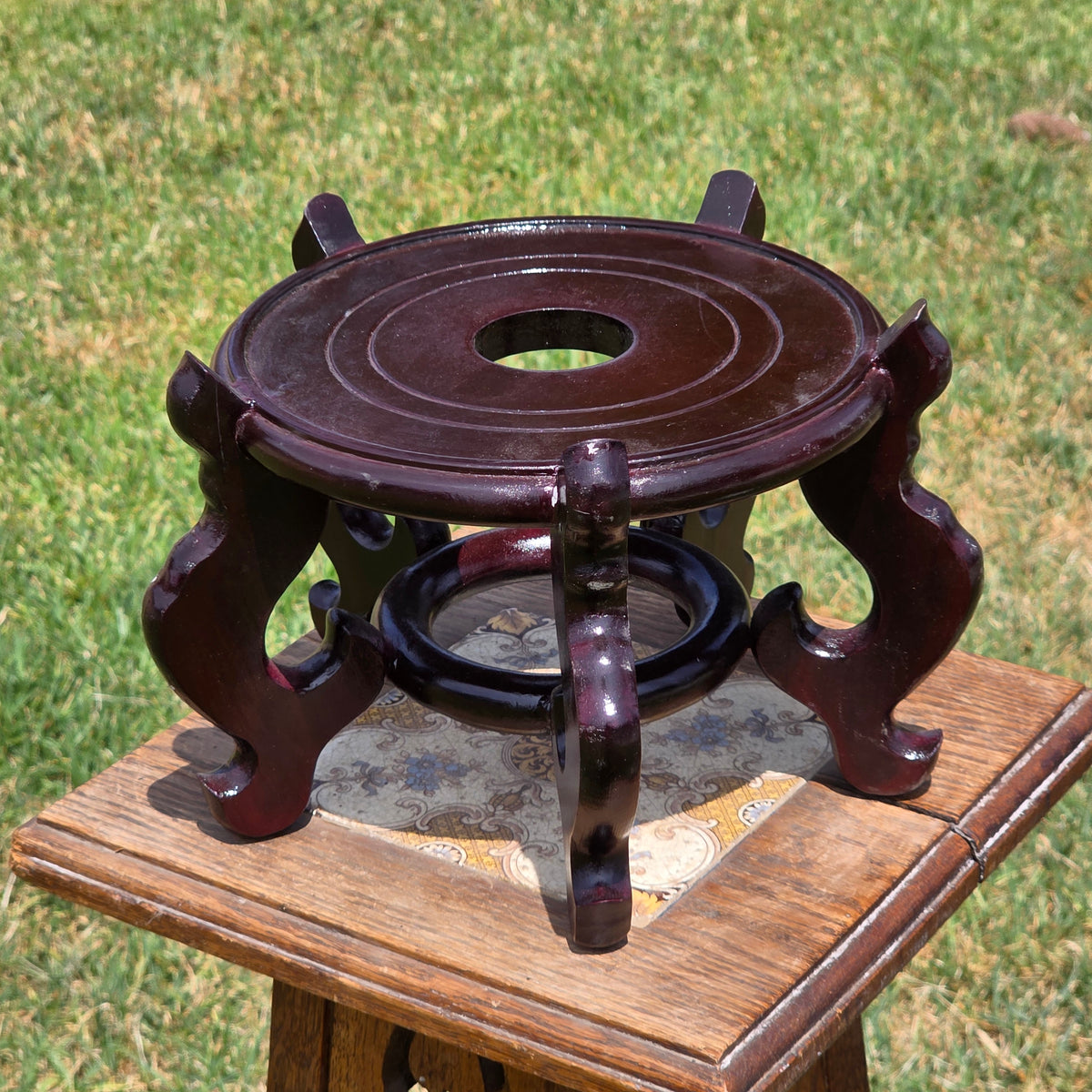 Vintage Chinese Rosewood Vase Stand 7.5" Round Wood Display Pedestal Base 5 Leg