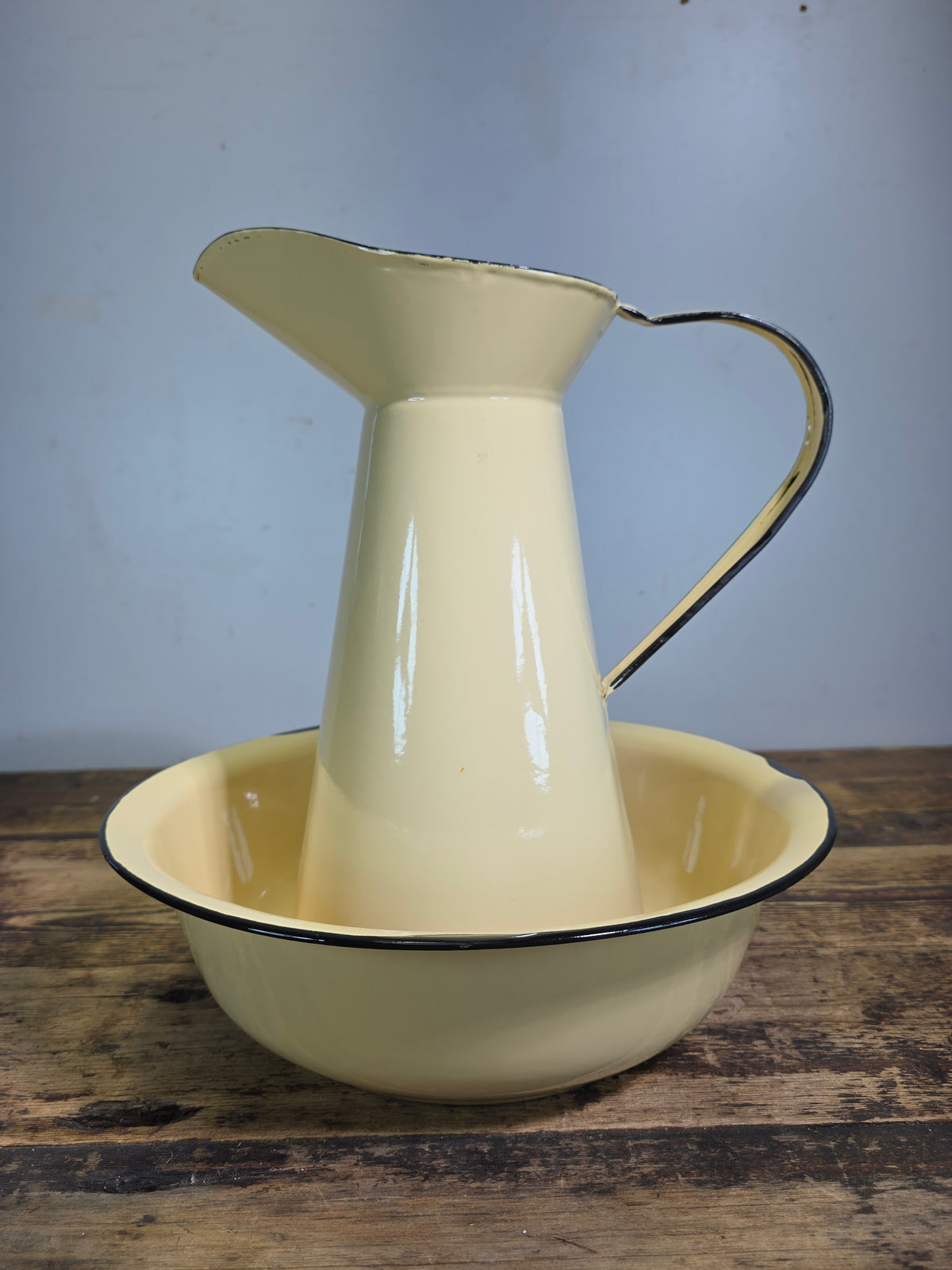 Vintage Enamel Wash Basin Pitcher Set Cream Black Trim Cottagecore Farmhouse