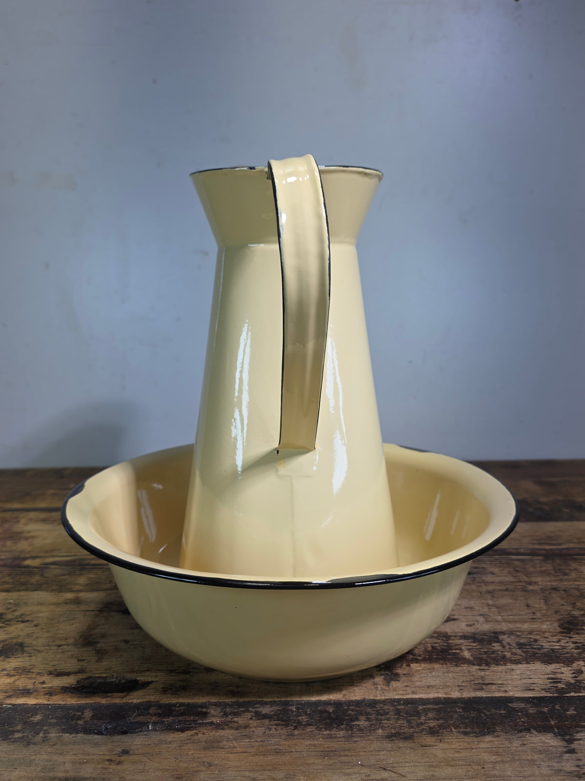Vintage Enamel Wash Basin Pitcher Set Cream Black Trim Cottagecore Farmhouse