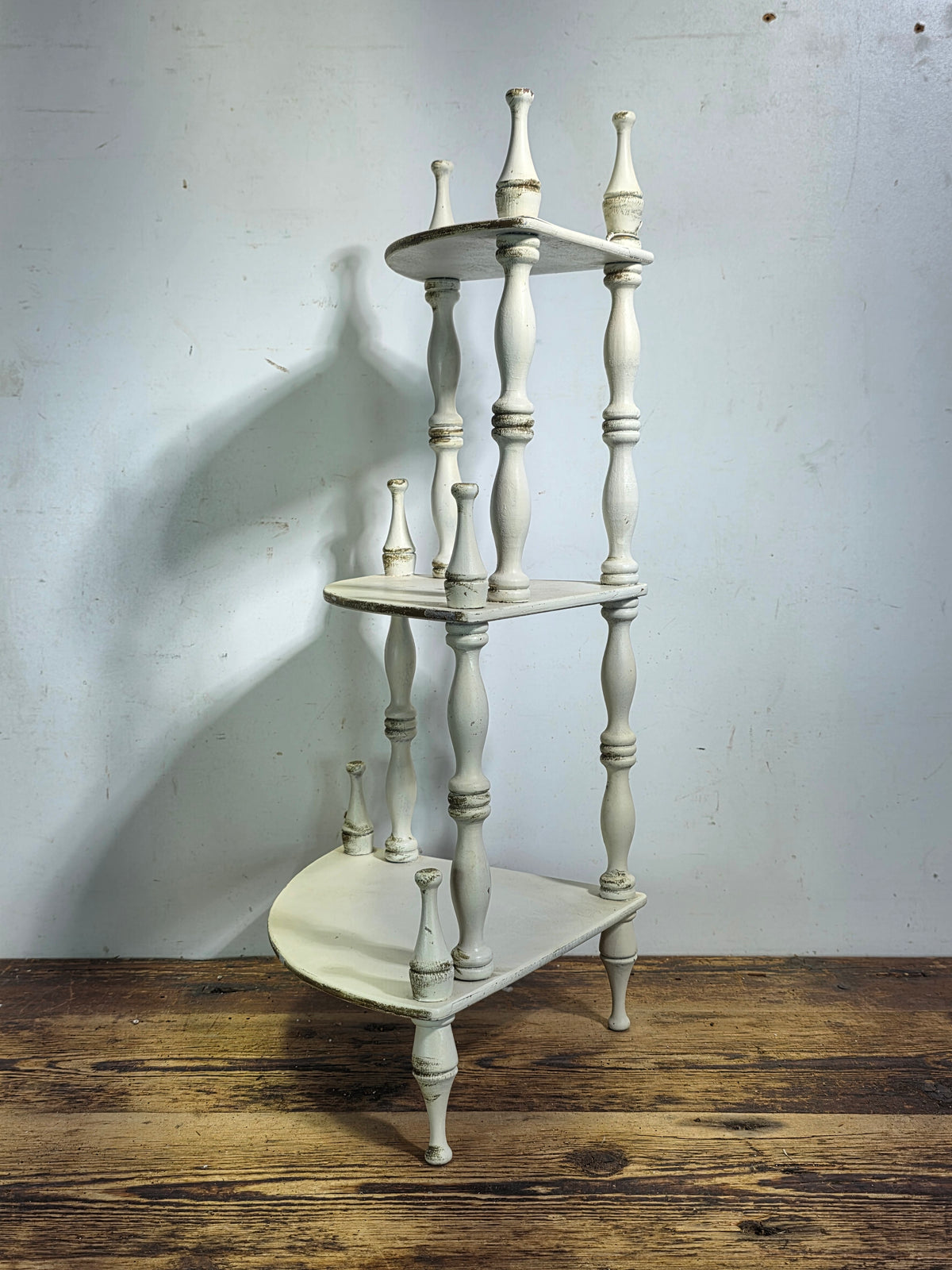 Vintage 3 Tier Corner Shelf Wood Spindle Whatnot Stand White Shabby Chic Small