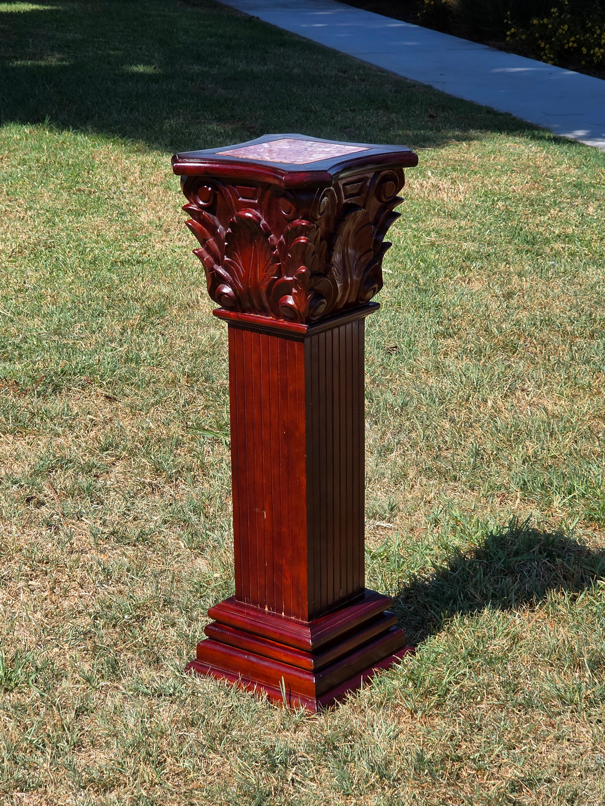 Vintage Corinthian Column Pedestal Plant Stand Carved Wood Faux Marble Plinth 36"