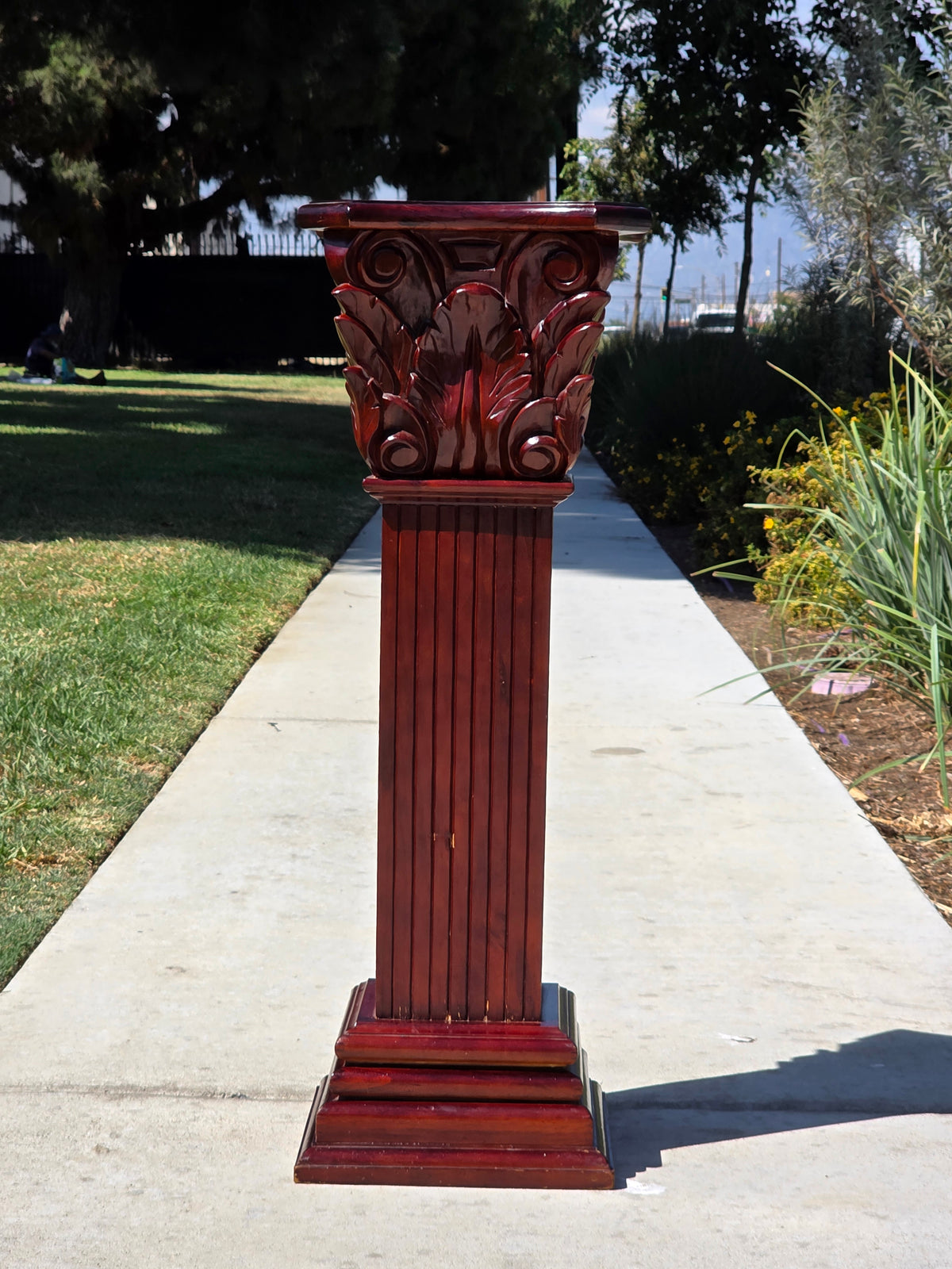 Vintage Corinthian Column Pedestal Plant Stand Carved Wood Faux Marble Plinth 36"